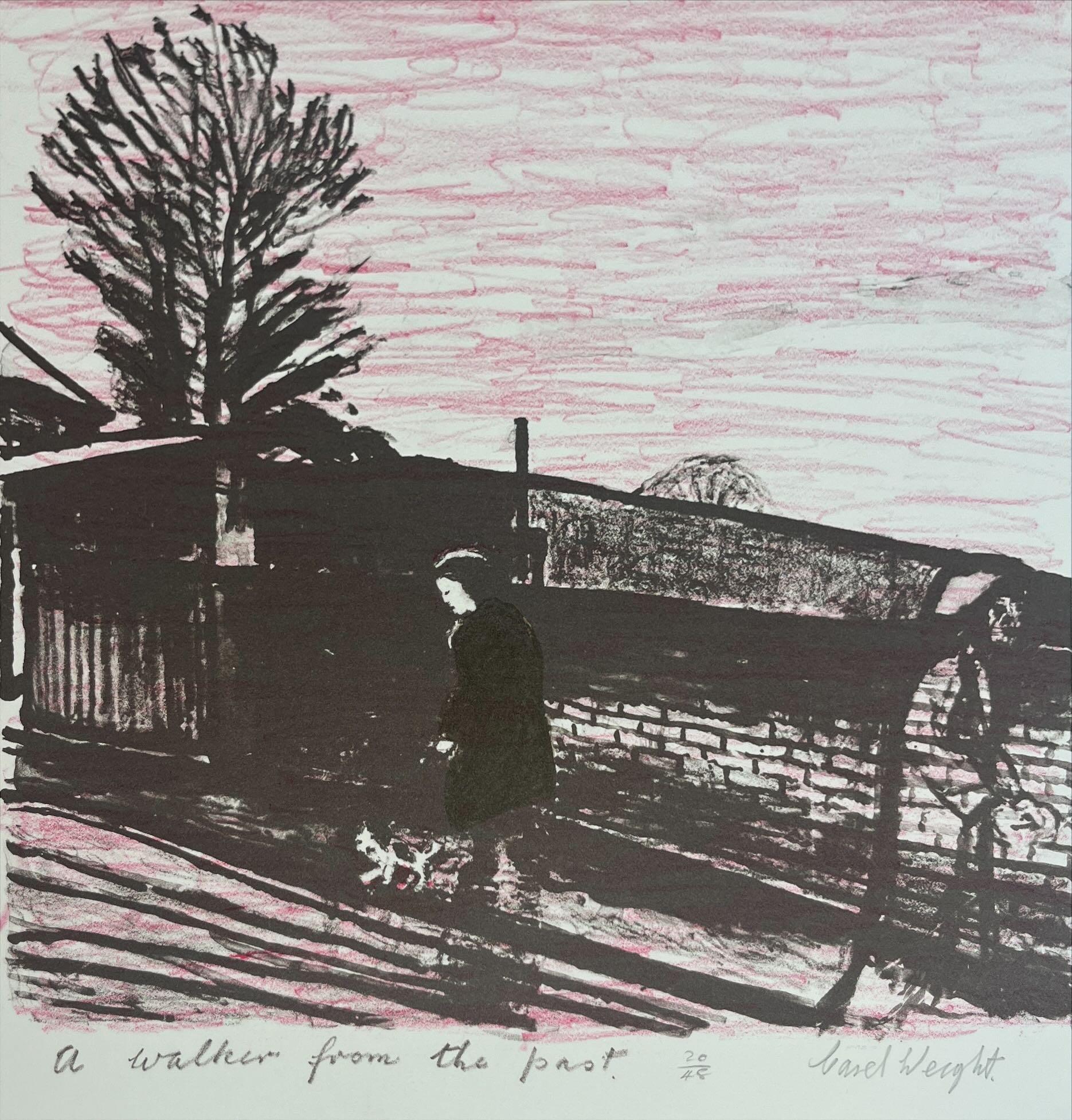 Print de Carel Weight - El caminante del pasado, 1987 - Impresión en blanco, negro y rosa con figura y árboles
