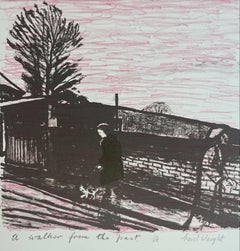 El caminante del pasado, 1987 - Impresión en blanco, negro y rosa con figura y árboles