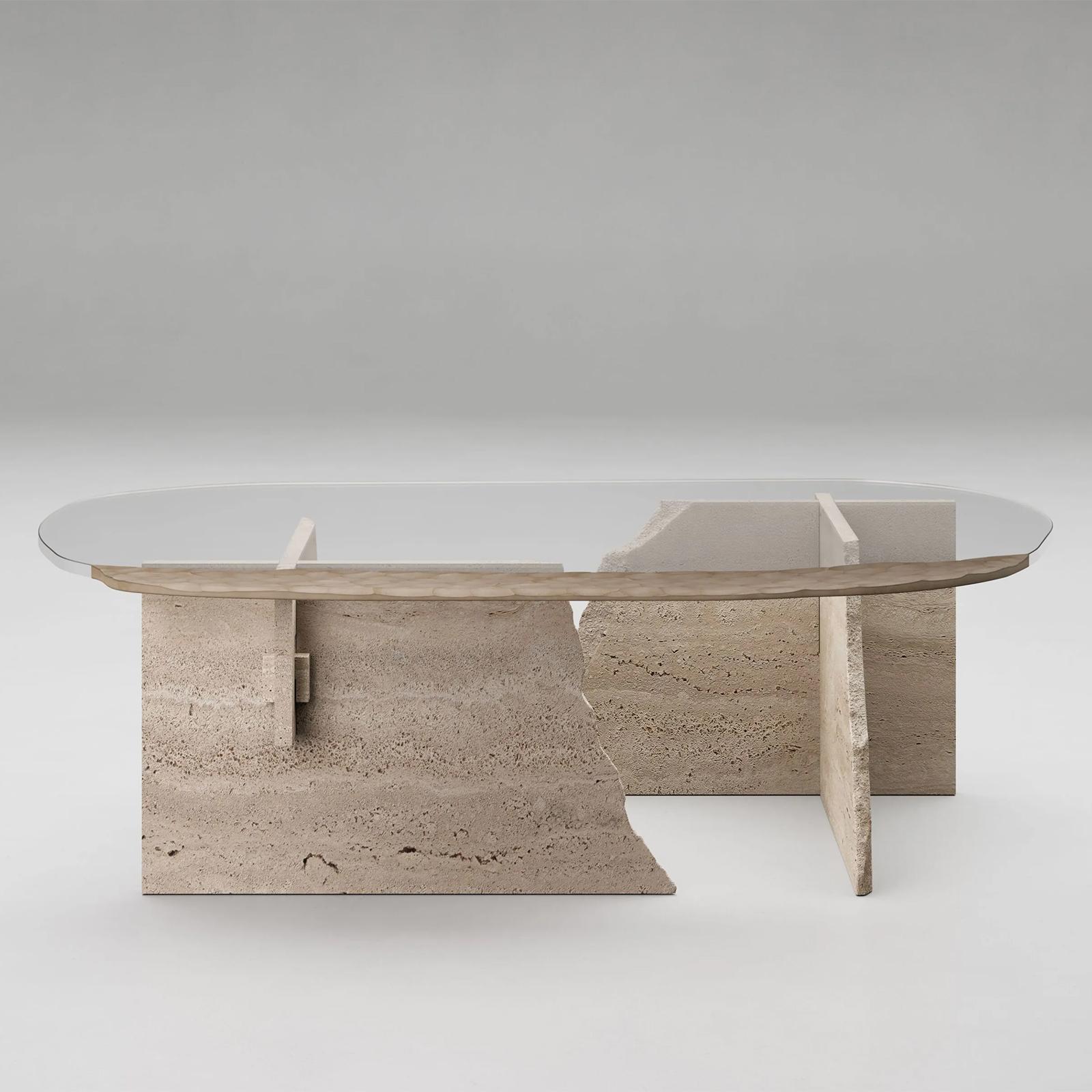 Coffee Table Careletto Travertine Oval with clear glass
top with crackeled bronzed pattern each side and with
travertine base with 1 irregular edge on each part of
the base.