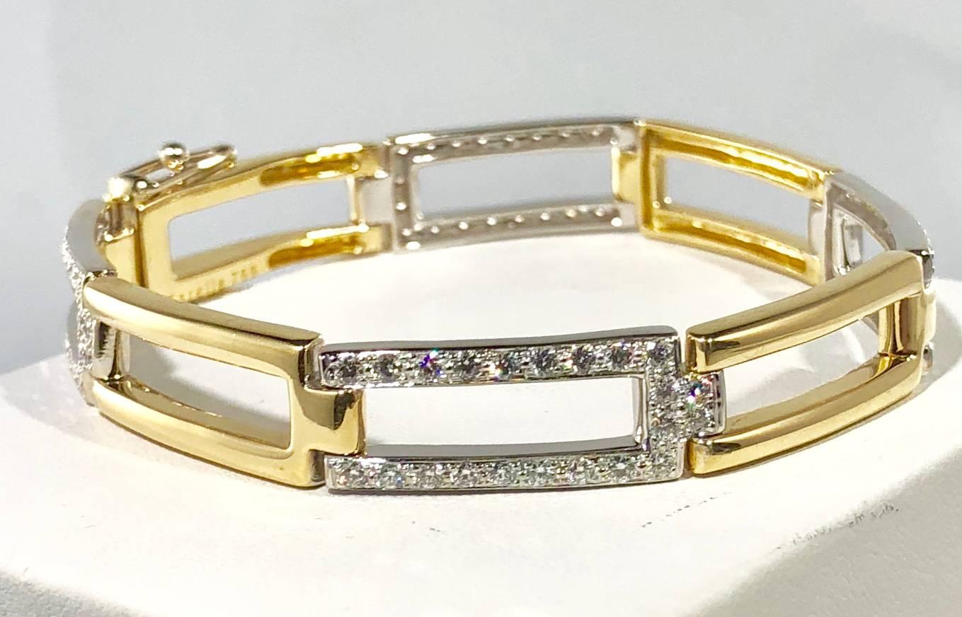 Round Cut Carelle 18 Karat Two-Tone Gold and Diamond Contemporary Link Bracelet