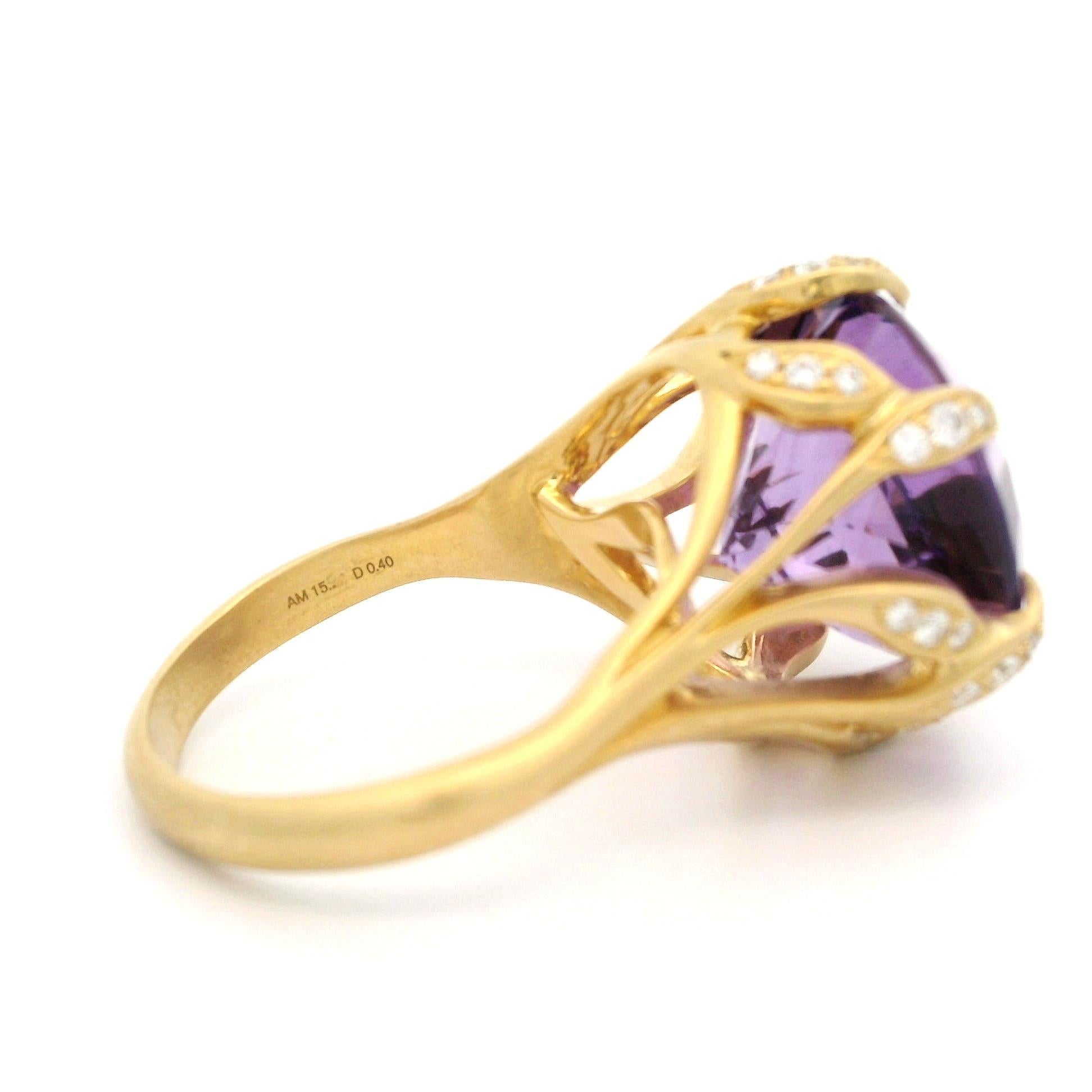 Carelle 18k Gold 15.4ctw Amethyst & Diamond Leaf Claw Prong Matte Finish Ring For Sale 5