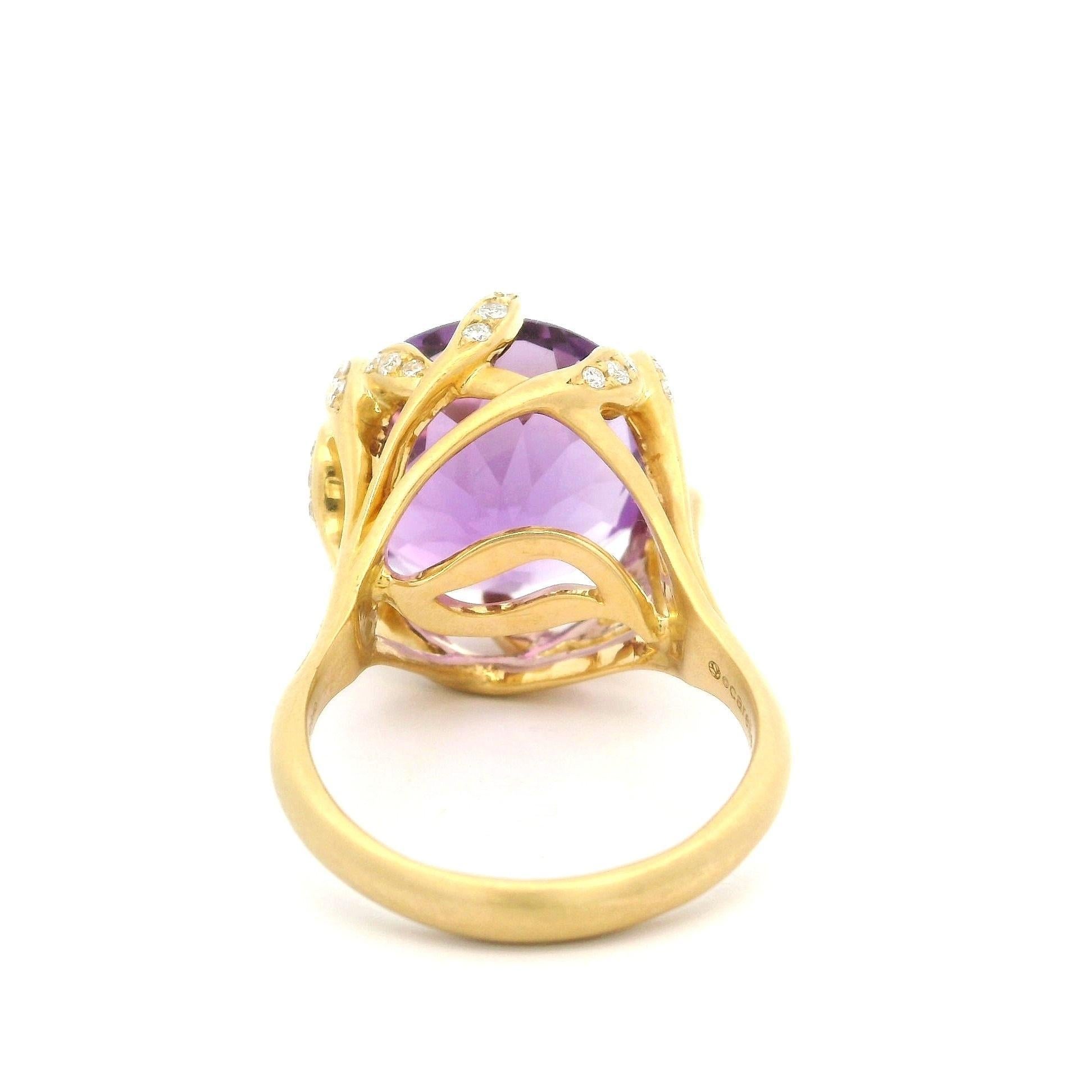 Carelle 18k Gold 15.4ctw Amethyst & Diamond Leaf Claw Prong Matte Finish Ring In Excellent Condition For Sale In Montclair, NJ