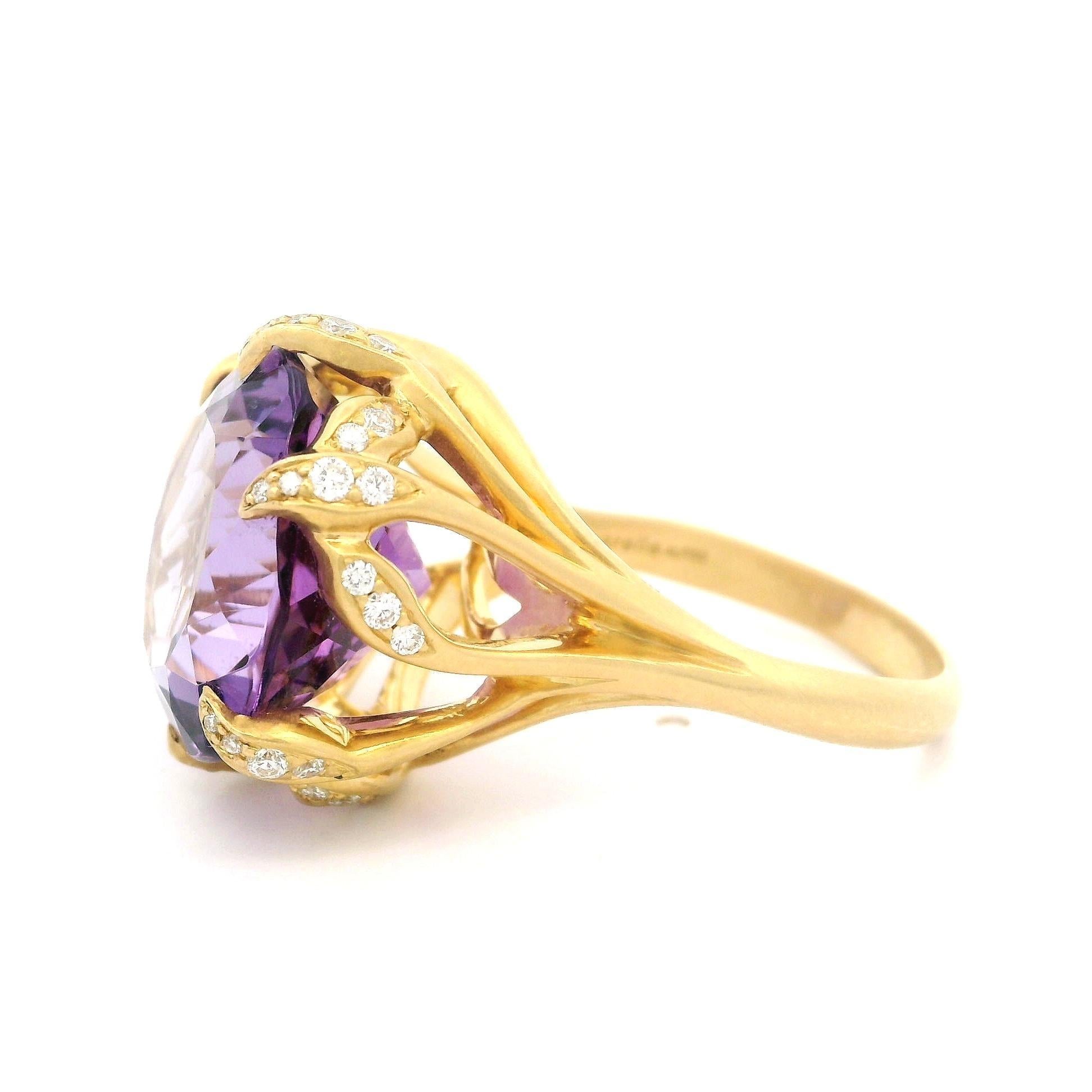 Carelle 18k Gold 15.4ctw Amethyst & Diamond Leaf Claw Prong Matte Finish Ring For Sale 1