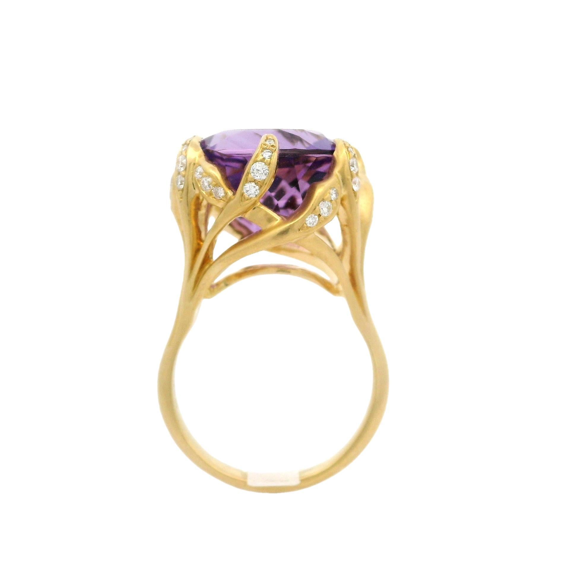 Carelle 18k Gold 15.4ctw Amethyst & Diamond Leaf Claw Prong Matte Finish Ring For Sale 2