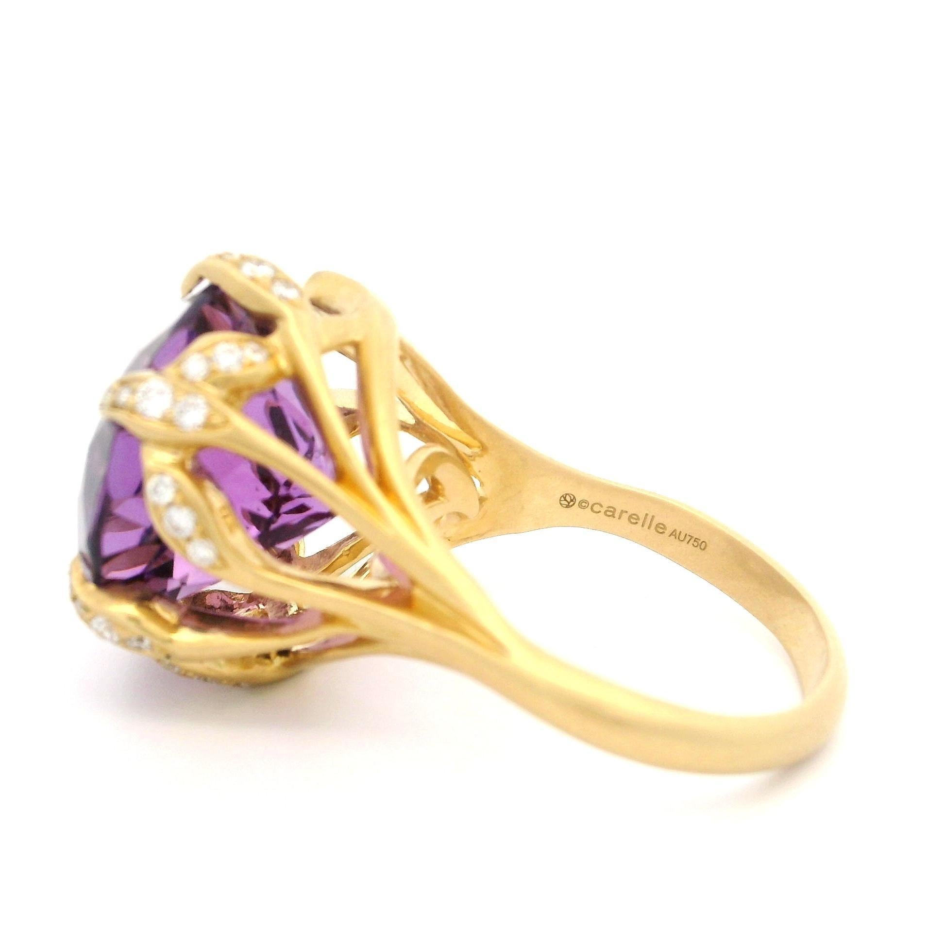 Carelle 18k Gold 15.4ctw Amethyst & Diamond Leaf Claw Prong Matte Finish Ring For Sale 4