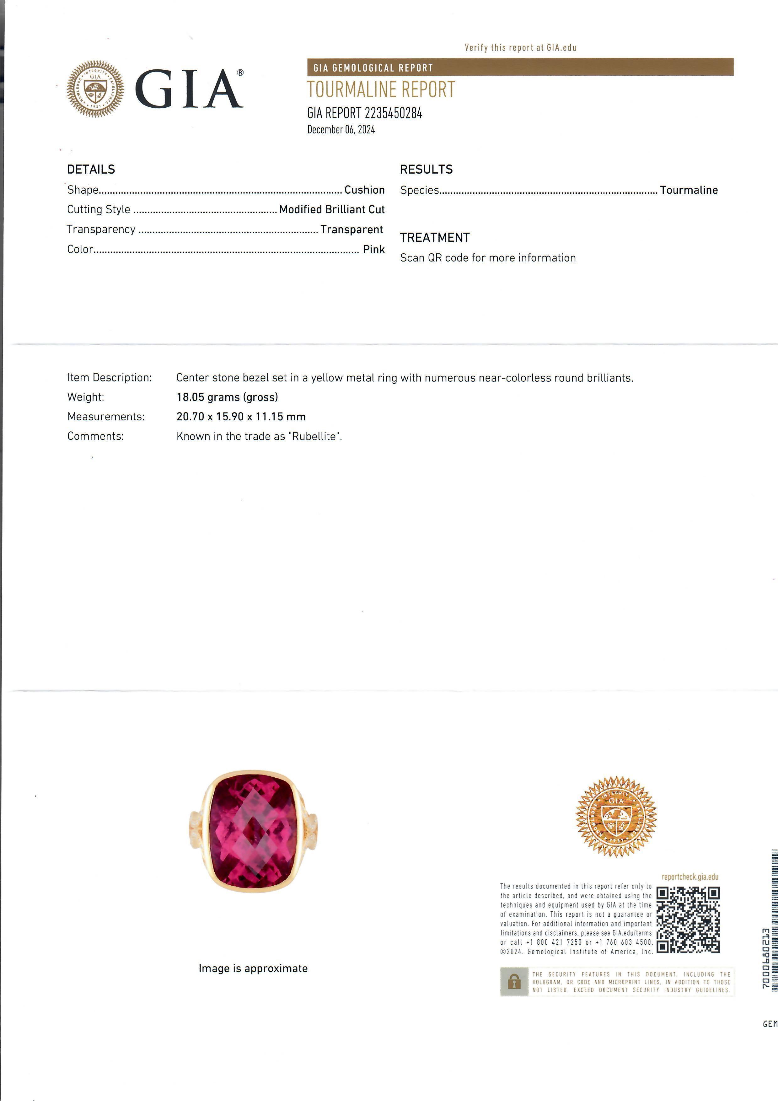 Carelle Anillo de Oro de 18 quilates GIA 24,96 ctw Bisel Grande Turmalina Rosa Diamante Mate en Excelente Estado en Montclair, NJ