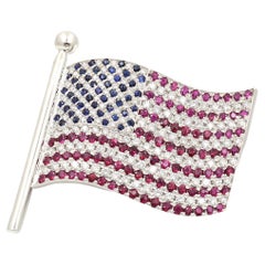 Carelle 18k White Gold Pave Diamond, Ruby, & Blue Sapphire American Flag Pin