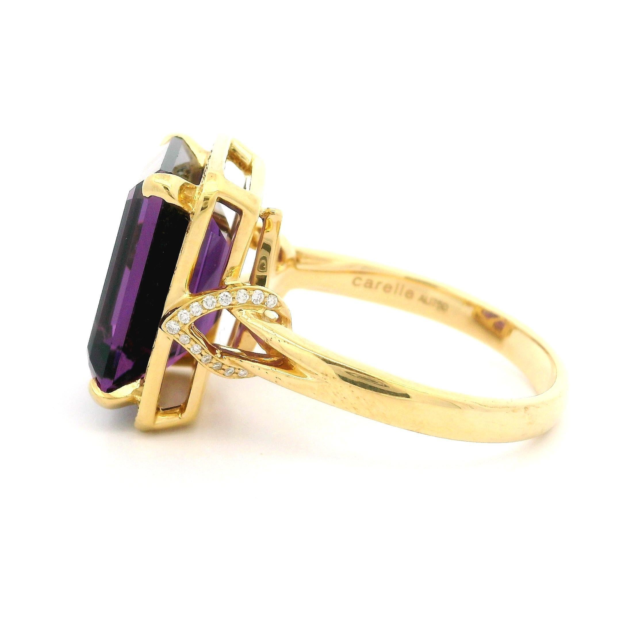 Women's Carelle 18k Yellow Gold 11.85ctw Emerald Cut Amethyst & Diamond Ring w/ Box For Sale
