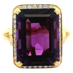 Carelle 18k Yellow Gold 11.85ctw Emerald Cut Amethyst & Diamond Ring w/ Box