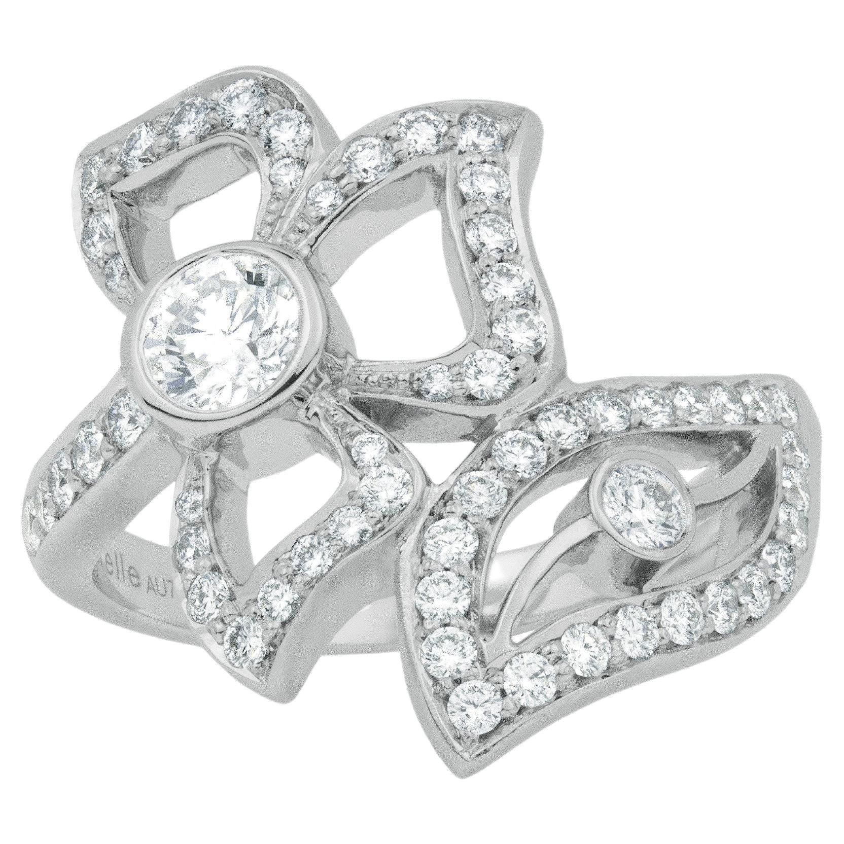 Carelle 18 Karat White Gold Brushed Satin Florette Pave Diamond Wraparound Ring