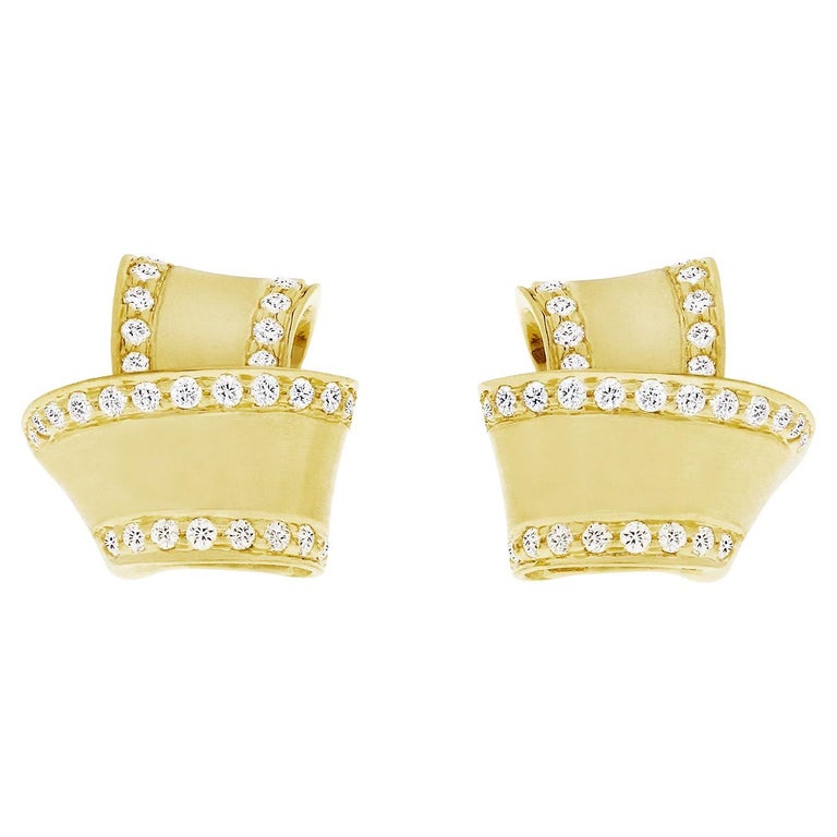 Carelle 18 Karat Yellow Gold Brushed Satin Knot Diamond Trim Stud