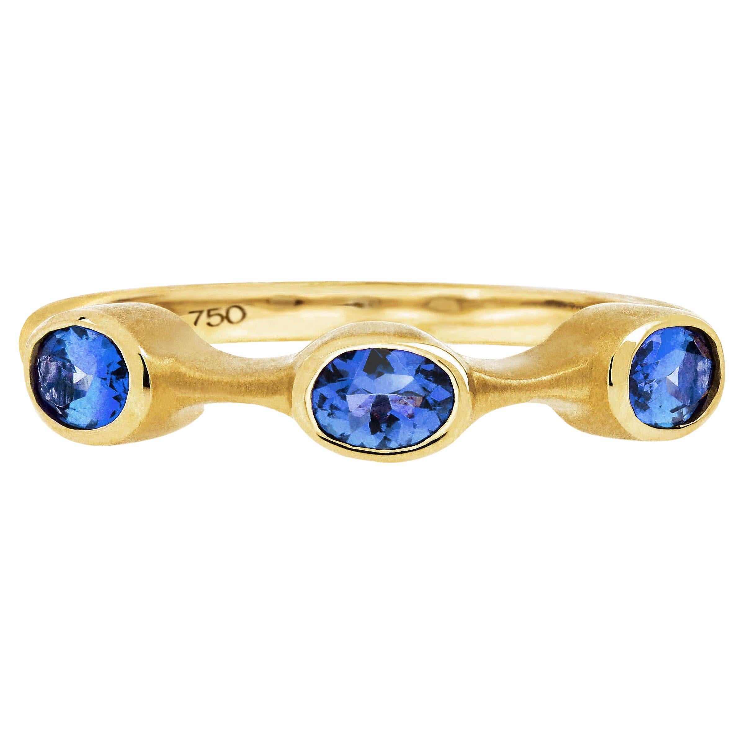 For Sale:  Carelle 18 Karat Yellow Gold Brushed Satin Trio Tanzanite Oval Stack Ring