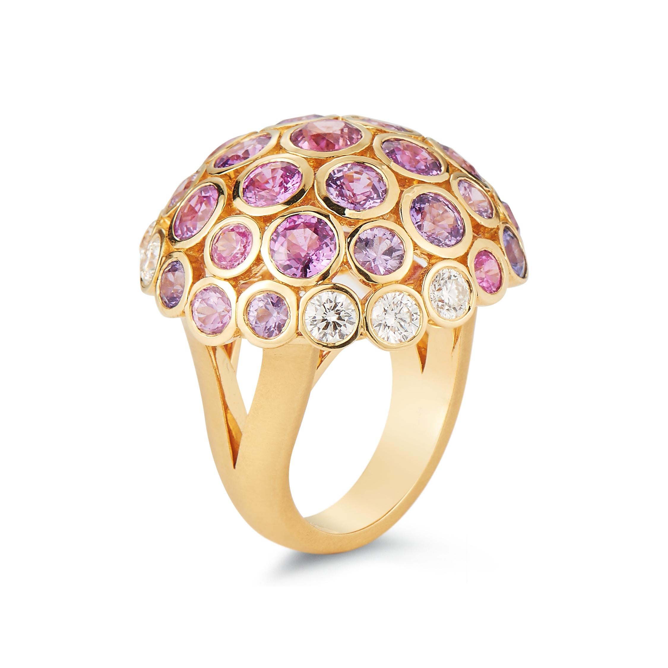 Geared towards today’s confident woman with cool, circular designs rendered in 18k satin finish yellow gold, this daring Carelle Disco Dots Color Sapphire Mushroom Ring sparkles wildly with a mélange of 9.00ct purple and pink sapphires, and 1.34ct