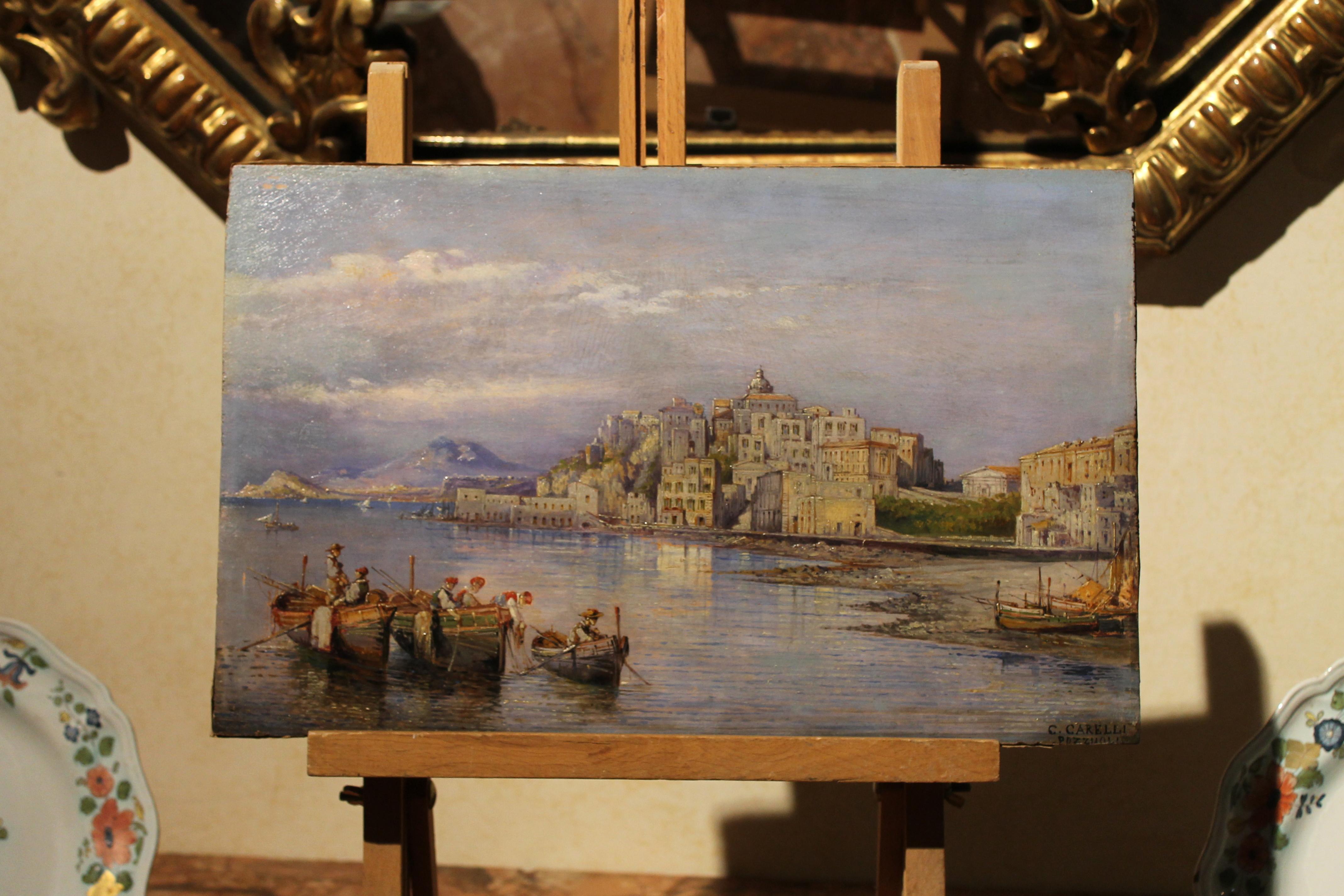 Carelli, huile sur carton italienne rectangulaire du 19ème siècle, peinture de paysage maritime en vente 3