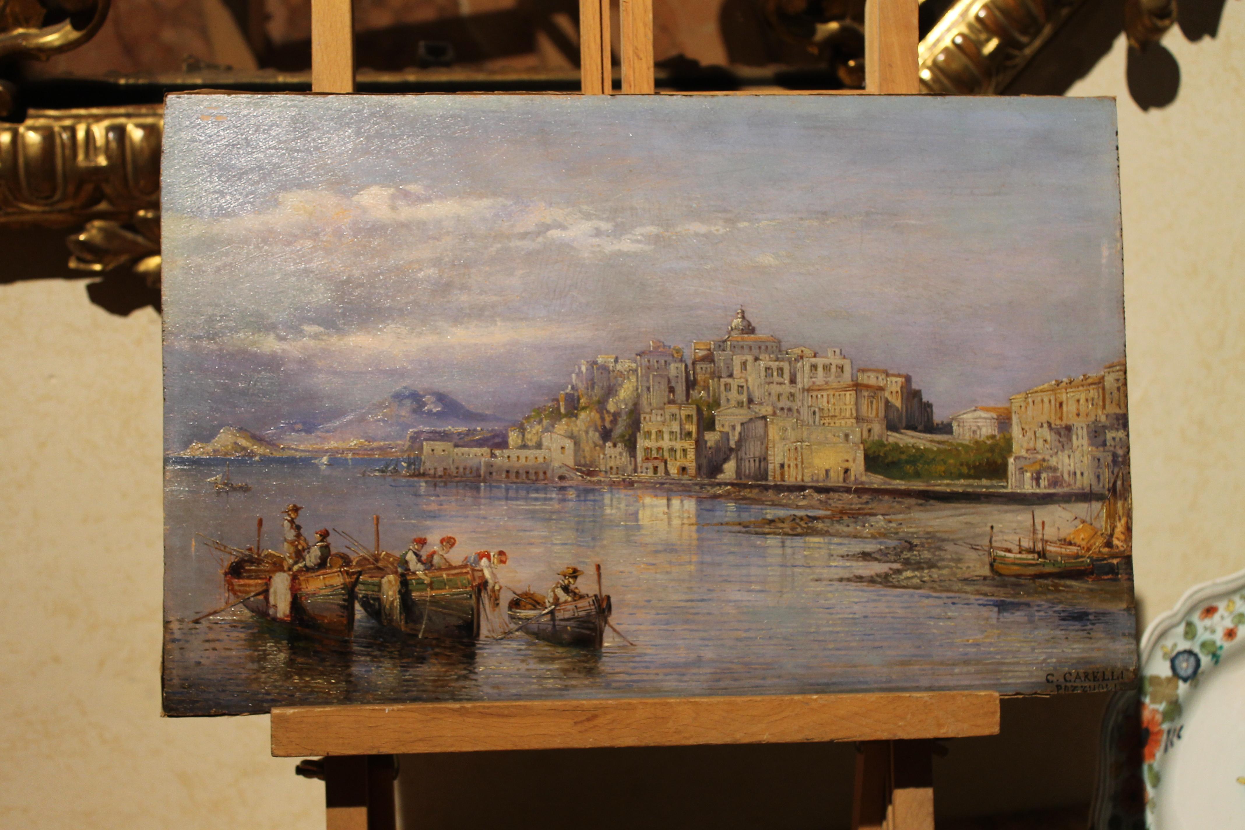 Carelli, huile sur carton italienne rectangulaire du 19ème siècle, peinture de paysage maritime en vente 4