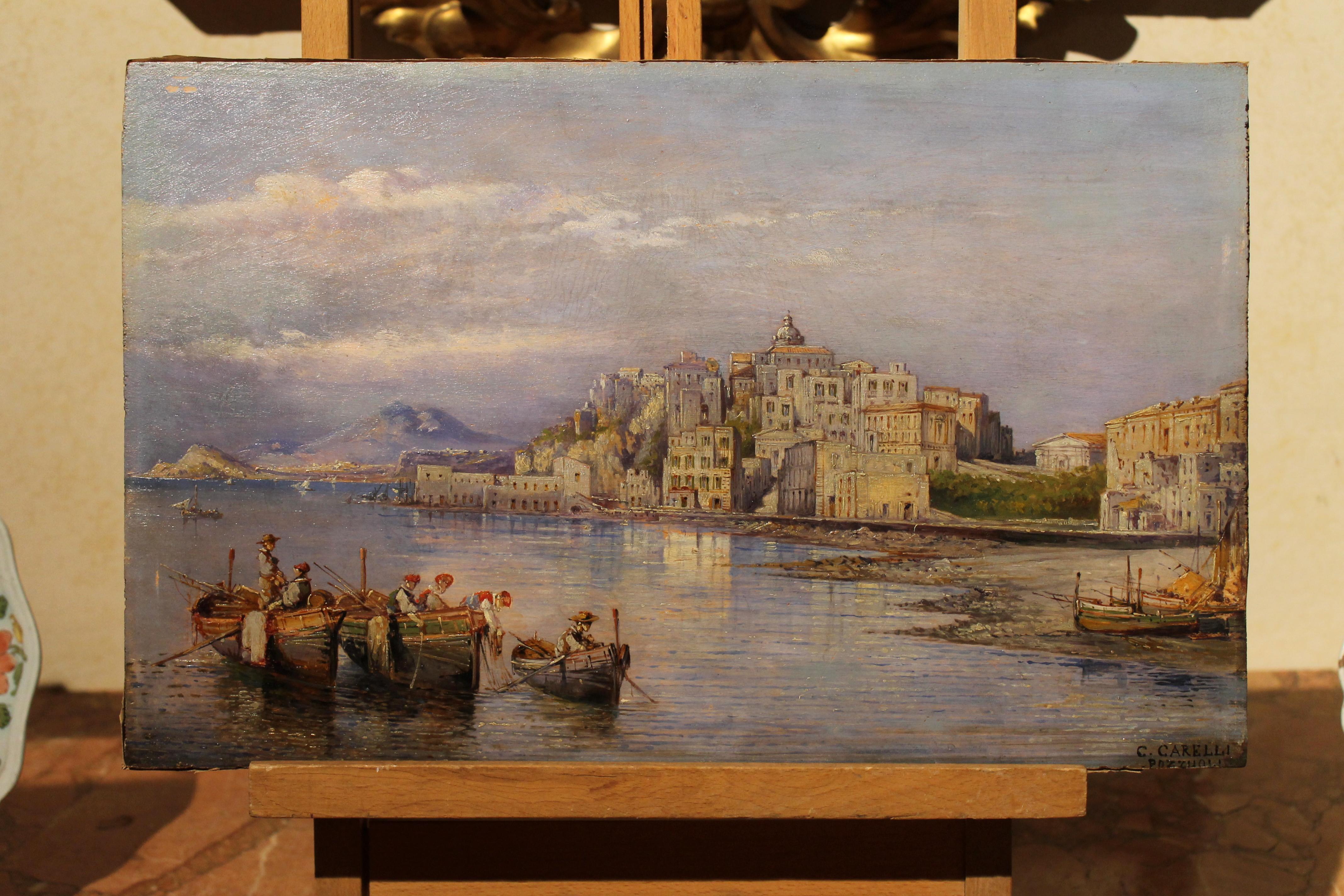Carelli, huile sur carton italienne rectangulaire du 19ème siècle, peinture de paysage maritime en vente 9