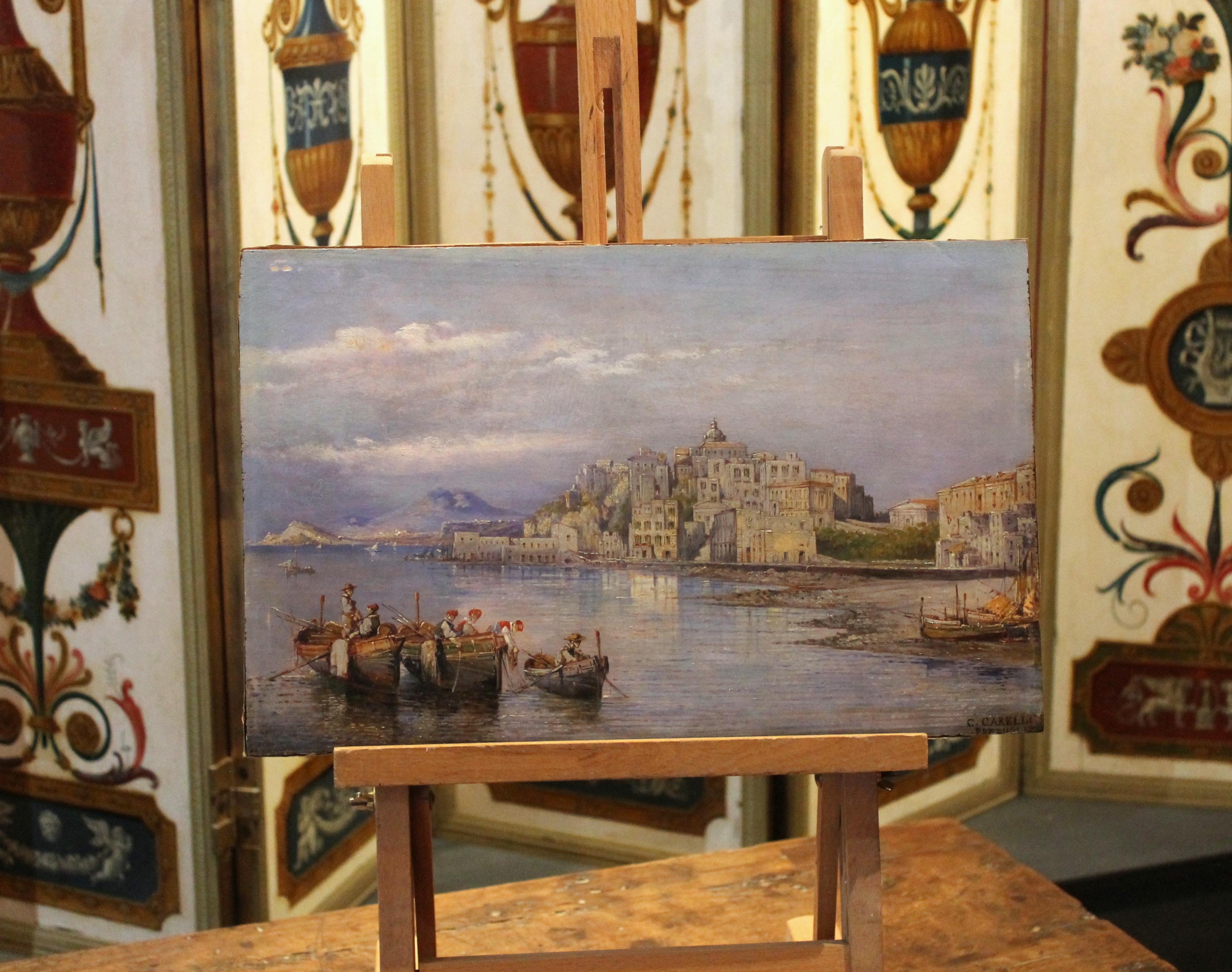 It’s a joy for the eyes and soul to admire the countless details of this village overlooking the sea of Naples’ bay with the mount Vesuvius on the background depicted in this old masters oil painting on board.
This awesome rectangular oil on panel