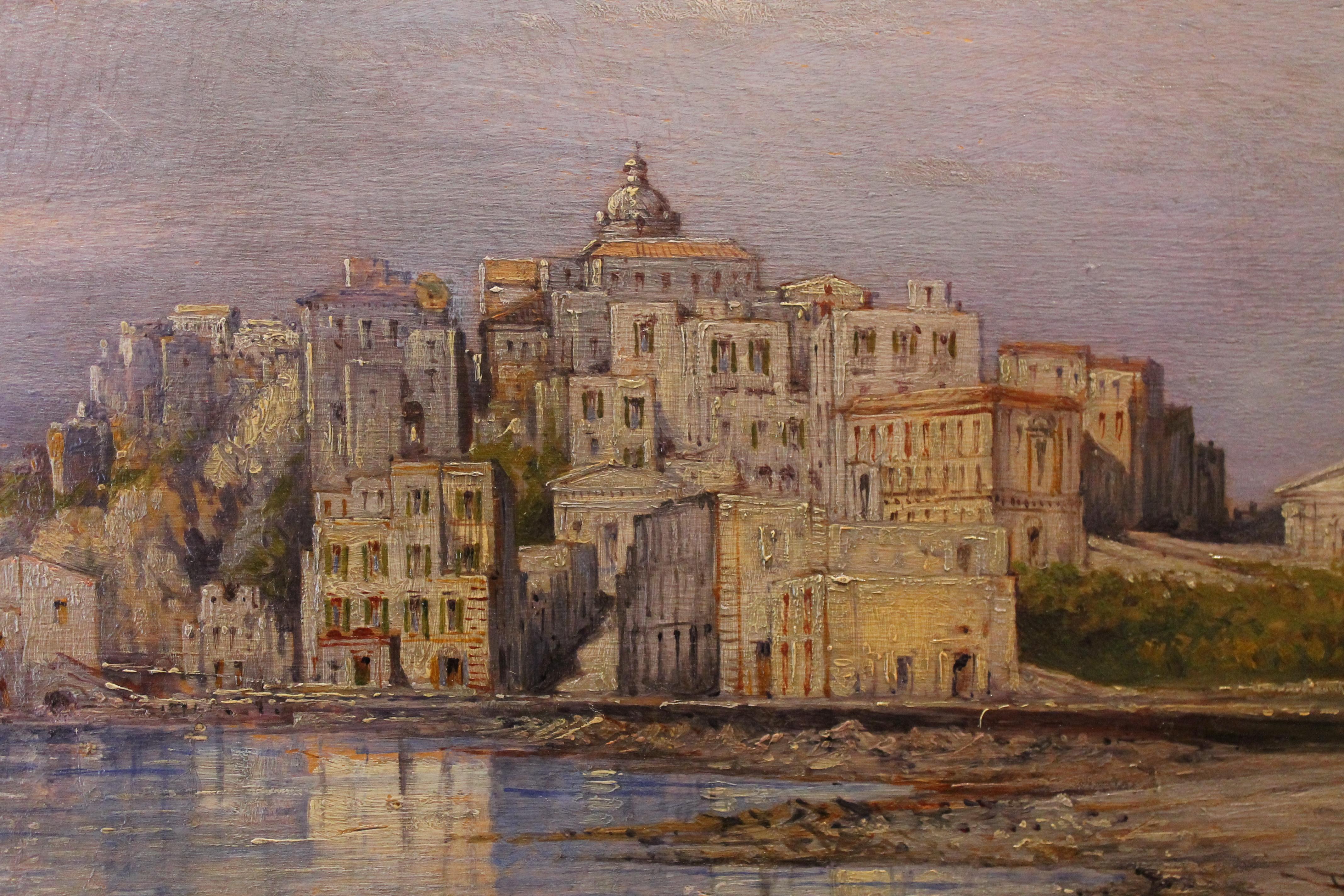 Barbizon School Carelli 19th Century Italian Rectangular Oil on Board Landscape Marine Painting For Sale