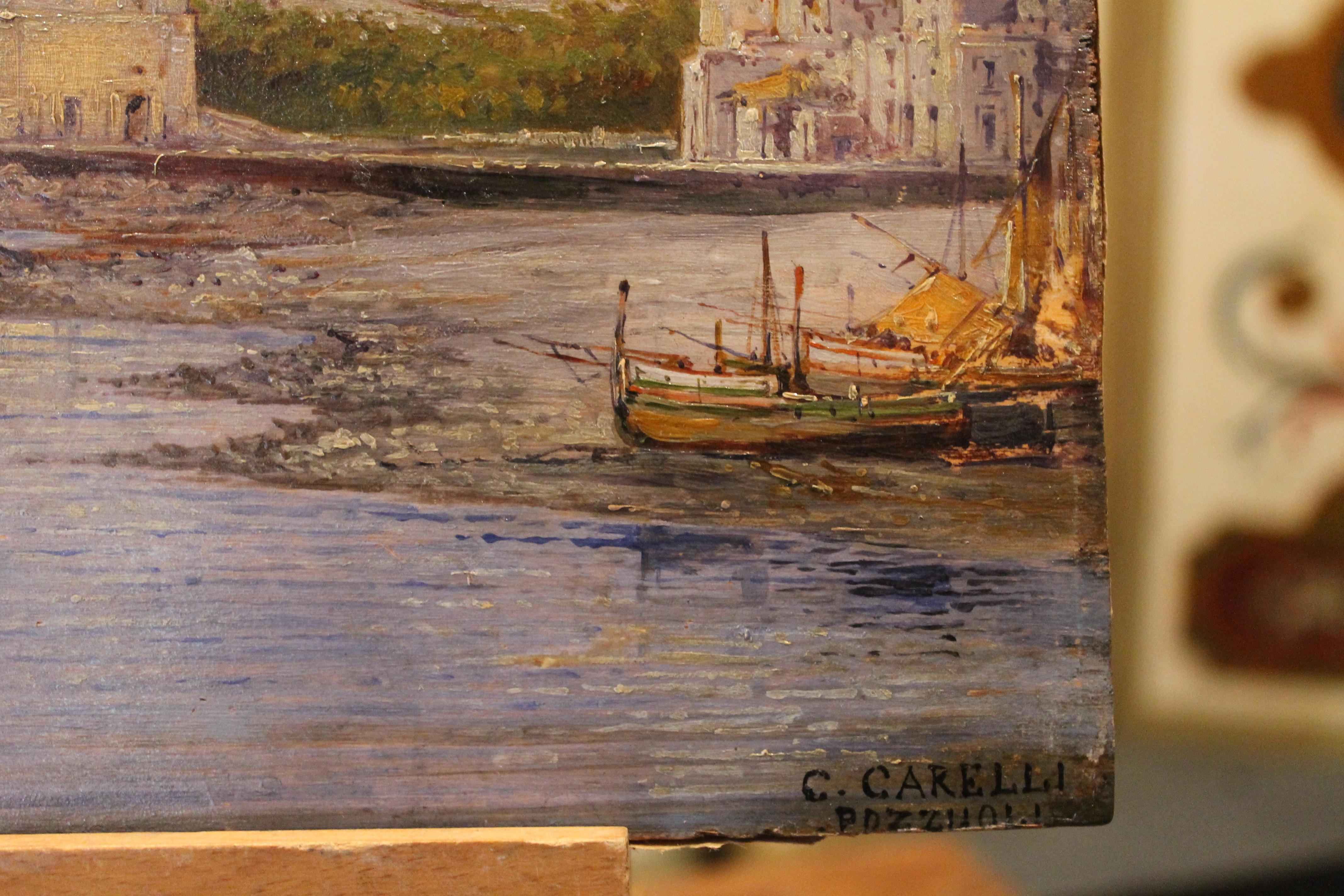 Bois Carelli, huile sur carton italienne rectangulaire du 19ème siècle, peinture de paysage maritime en vente