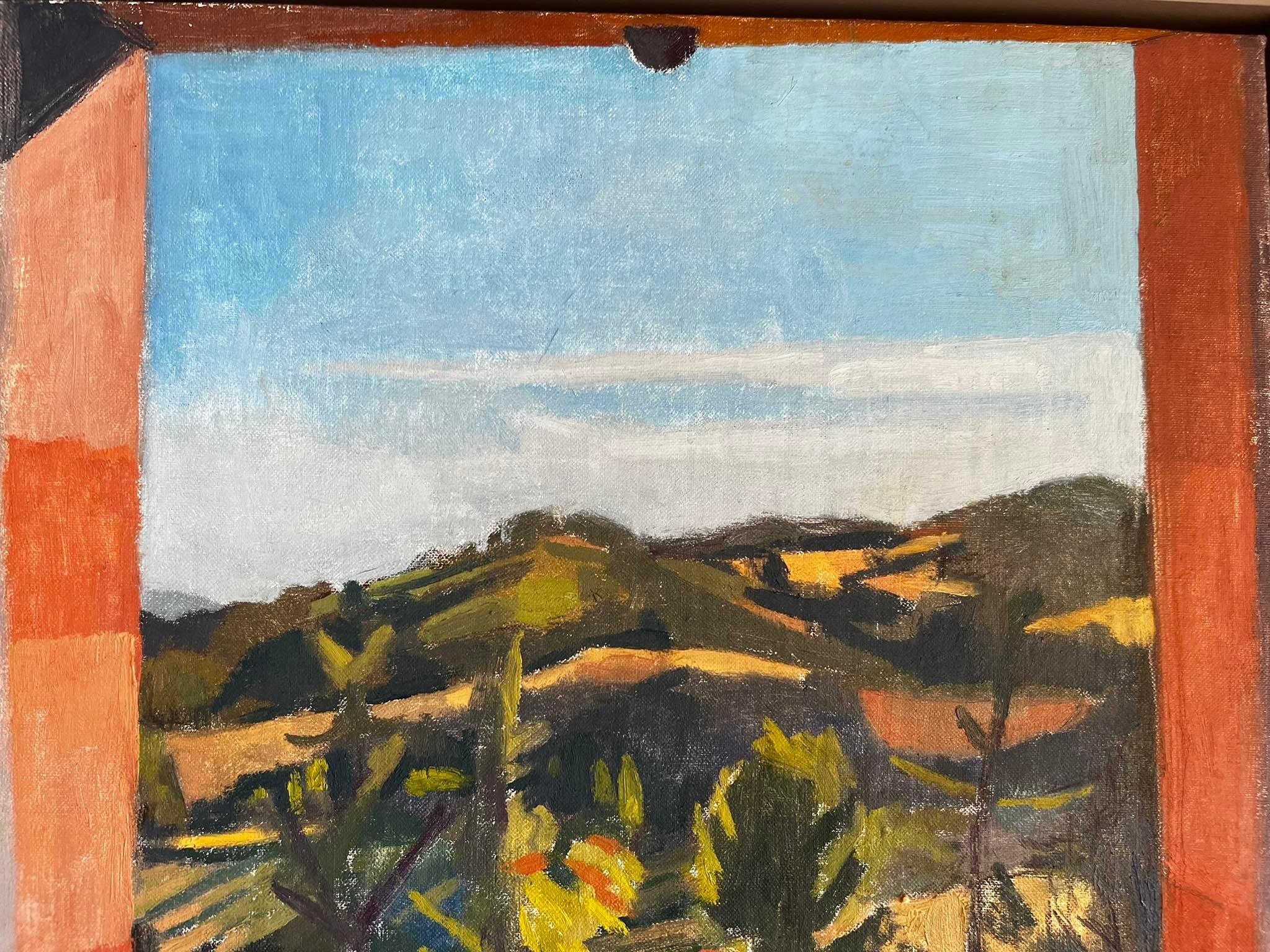 This oil on canvas painting is of a captivating Italian vista, located in the northwest of Italy, with plant life and fields. The expansive, rolling hills are breathtakingly beautiful. The various shades of greens, rich terra cotta reds, and the