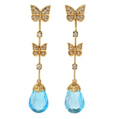 Carerra y Carerra Diamond Topaz 18 Karat Yellow Gold Butterfly Drop Earrings