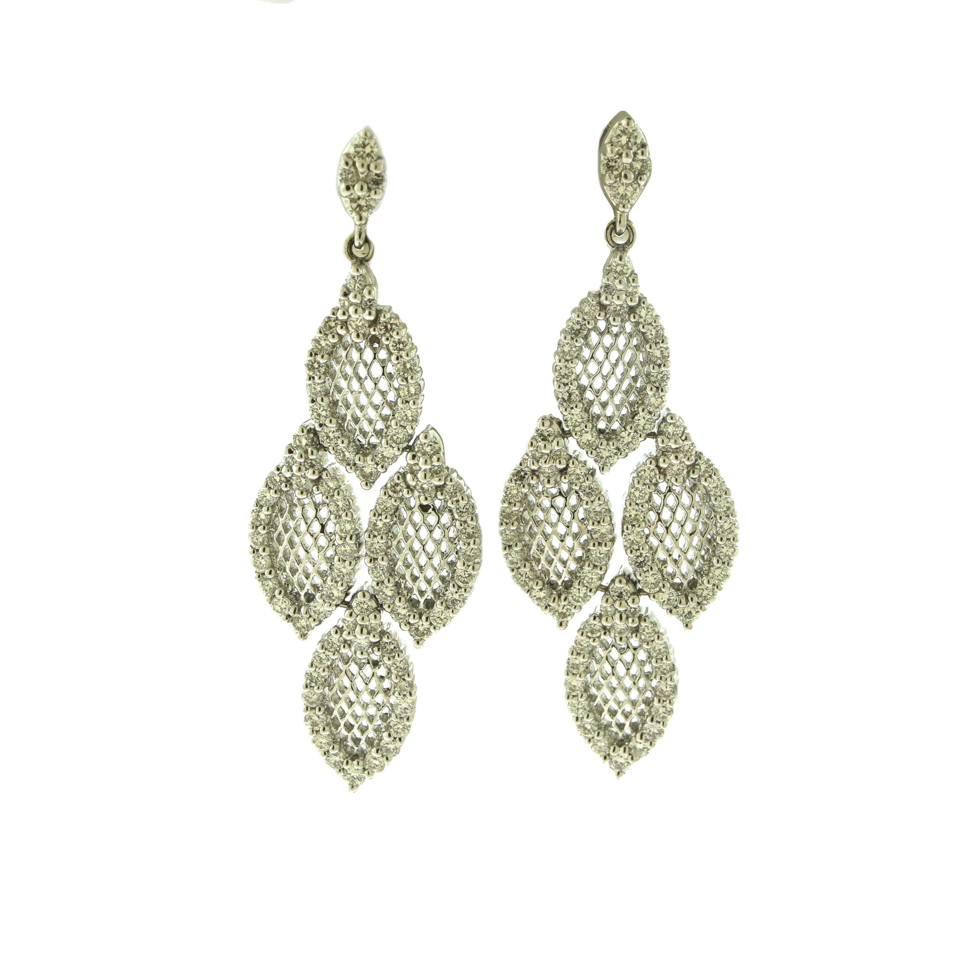 Round Cut Caressa Diamond Drop Leaf White Gold Earrings For Sale