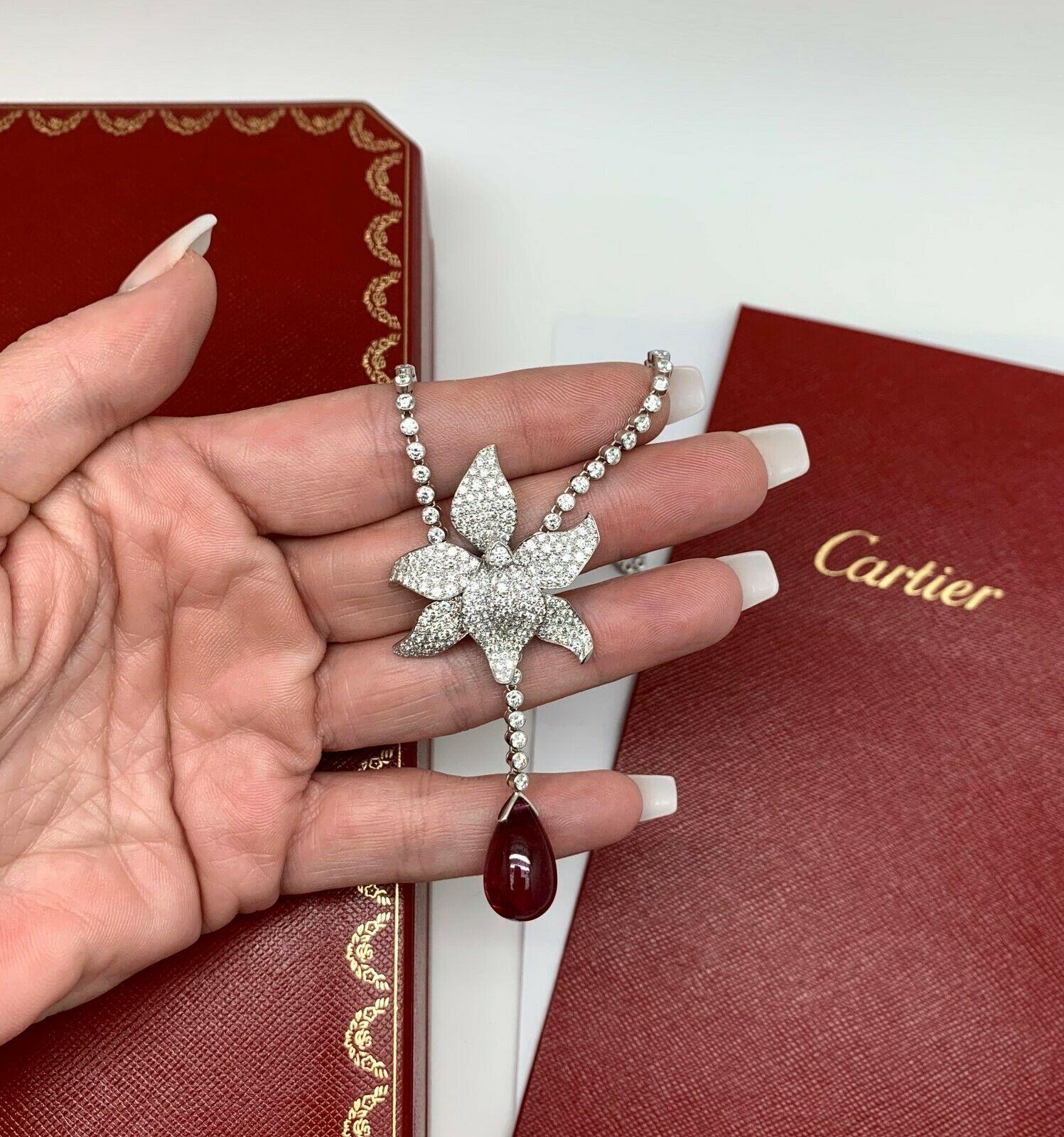 Caresse De Orchide es Par Cartier Designer Diamond & Rubellite Platinum Necklace In New Condition In Houston, TX