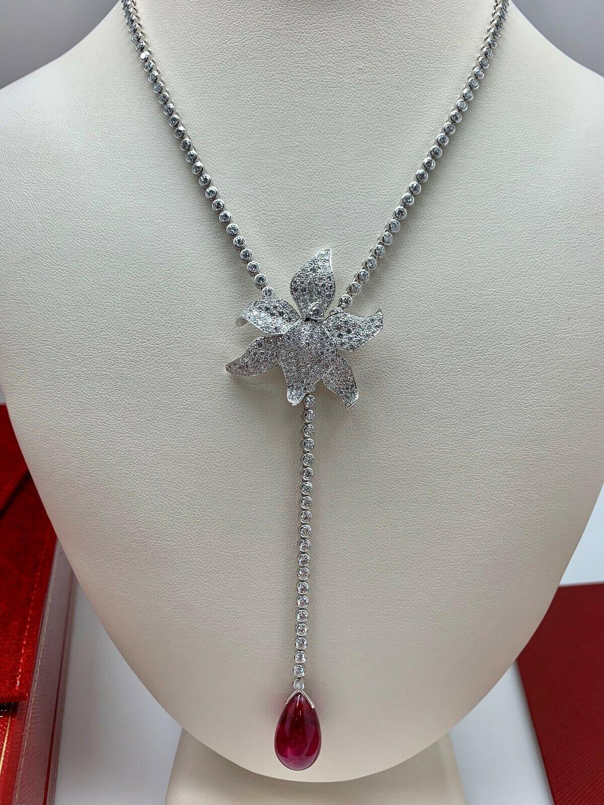 Women's or Men's Caresse De Orchide es Par Cartier Designer Diamond & Rubellite Platinum Necklace