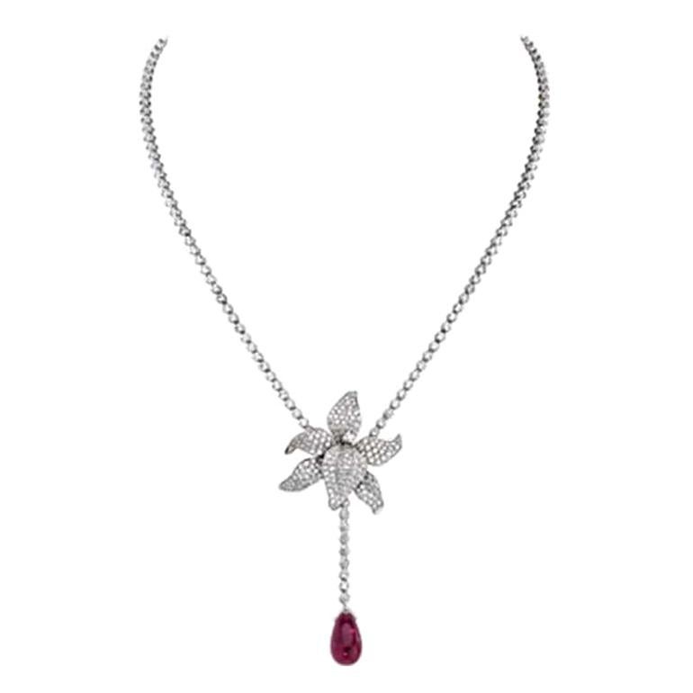 Caresse De Orchide es Par Cartier Designer Diamond & Rubellite Platinum Necklace