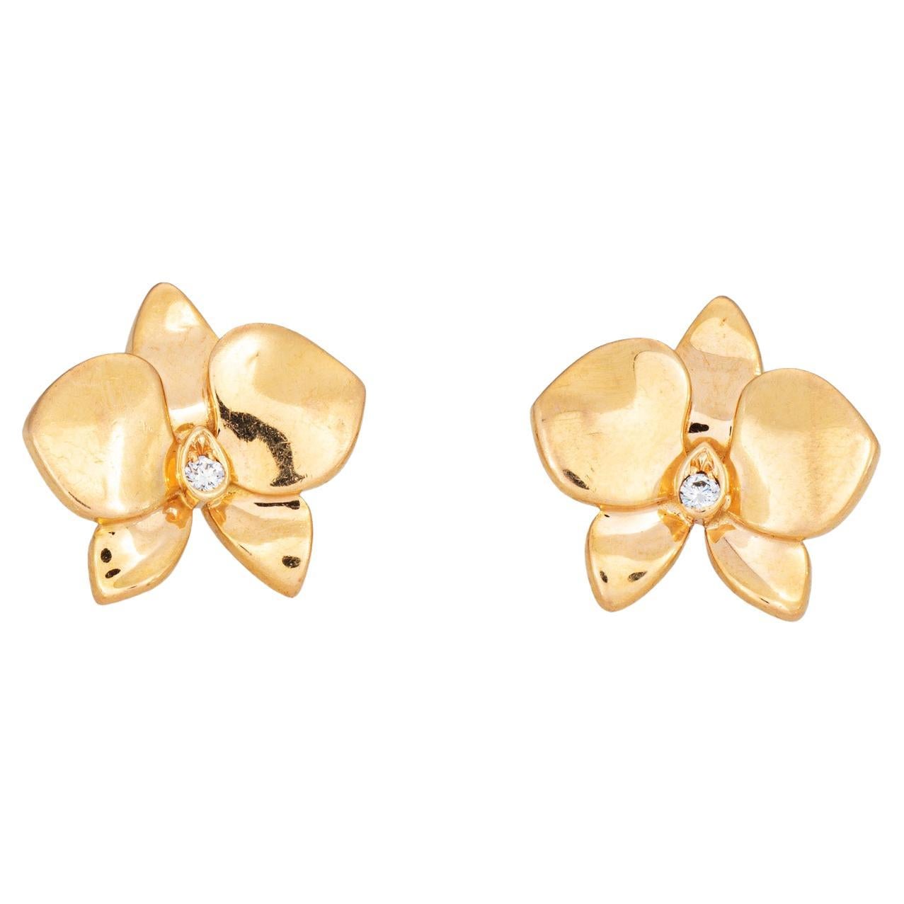 Caresse D’Orchidees Par Cartier Earrings Diamond Studs Estate 18k Yellow Gold