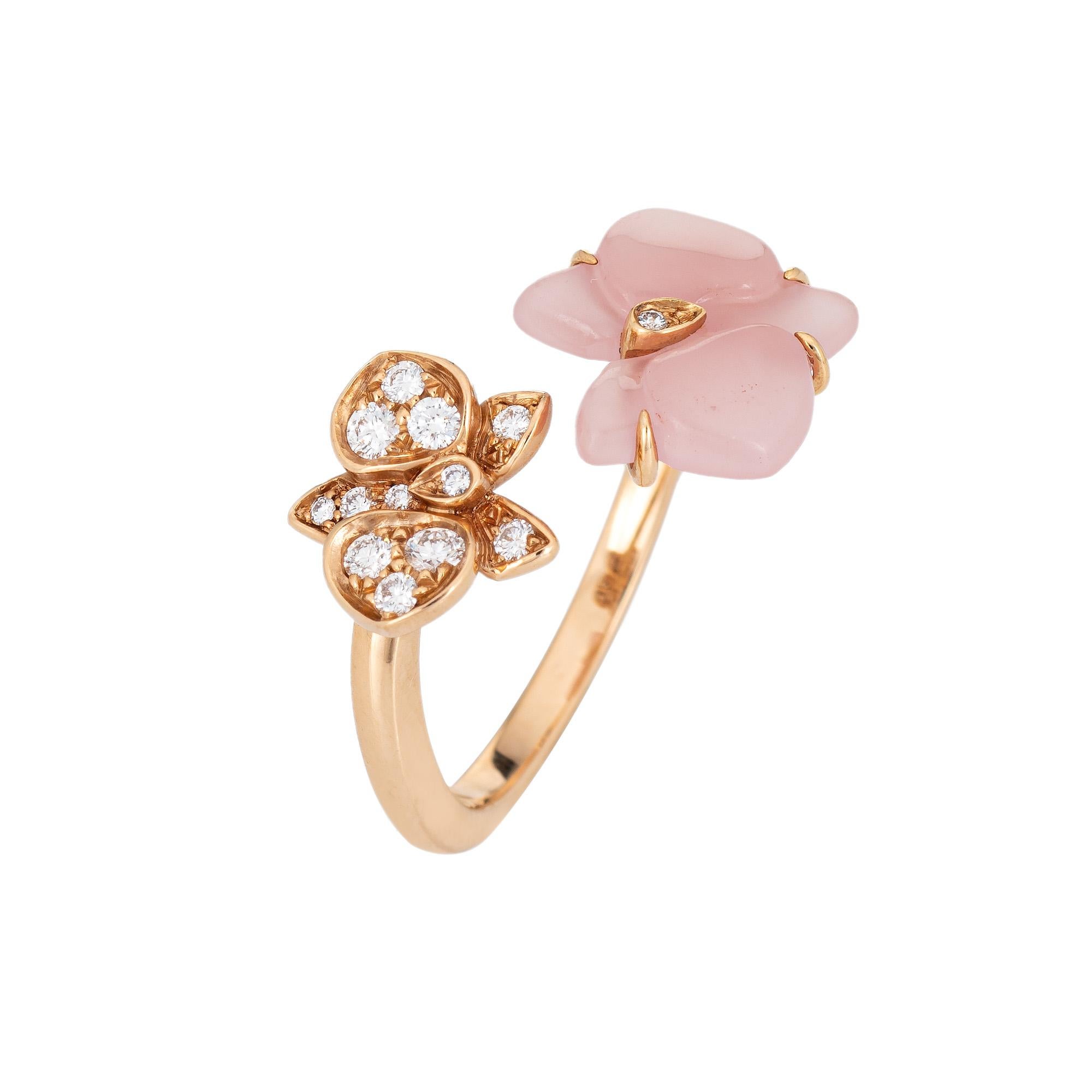 Estate Cartier 'Caresse D'Orchidees' ring crafted in 18 karat rose gold.  

13 round brilliant cut diamonds total an estimated 0.12 carats (estimated at F-G color and VVS2 clarity). Pink chalcedony measures 11mm wide (in very good condition and free