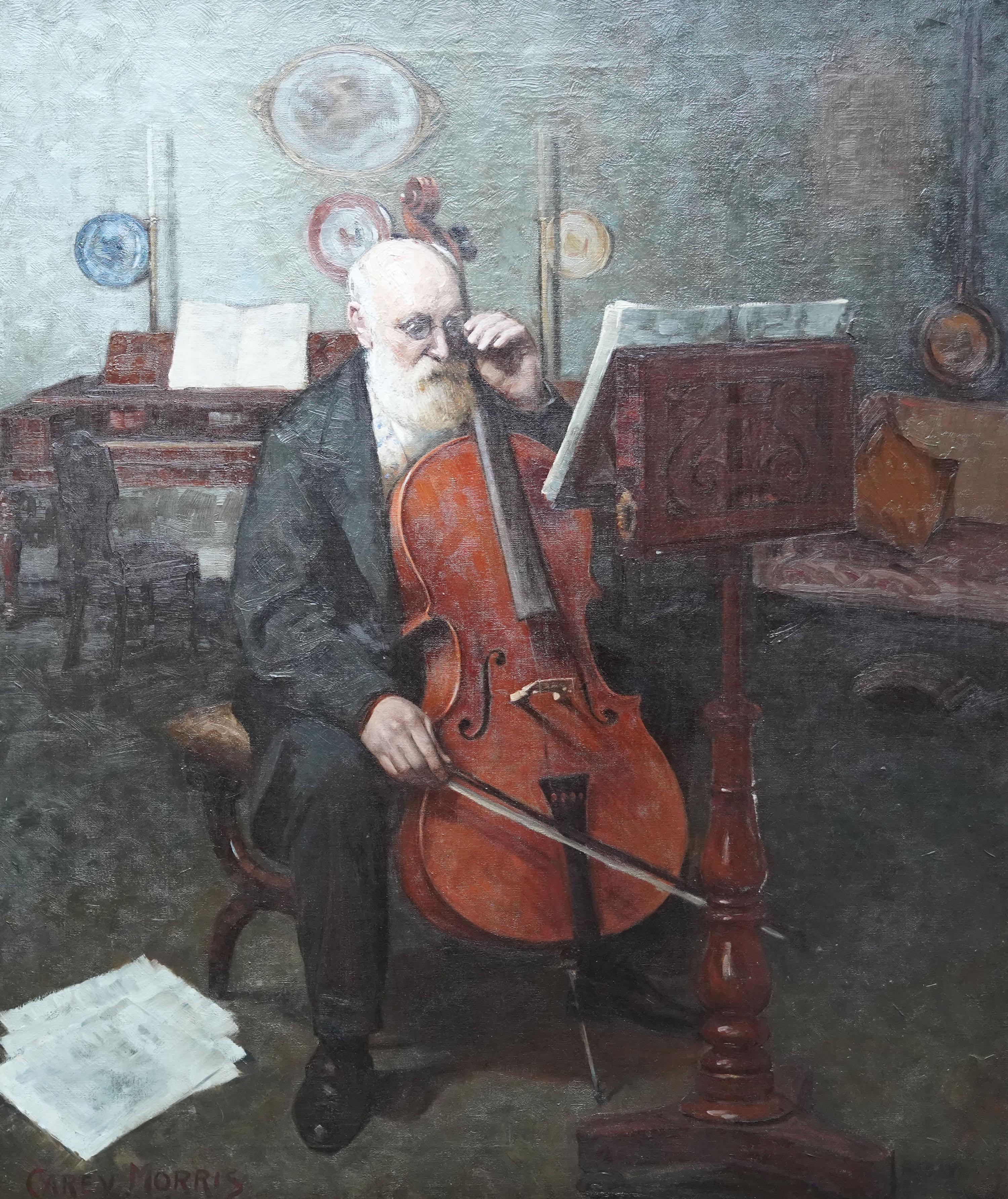Portrait of a Cellist - British 1925 Musical art oil painting Wandering Minstrel - Painting by Carey Morris