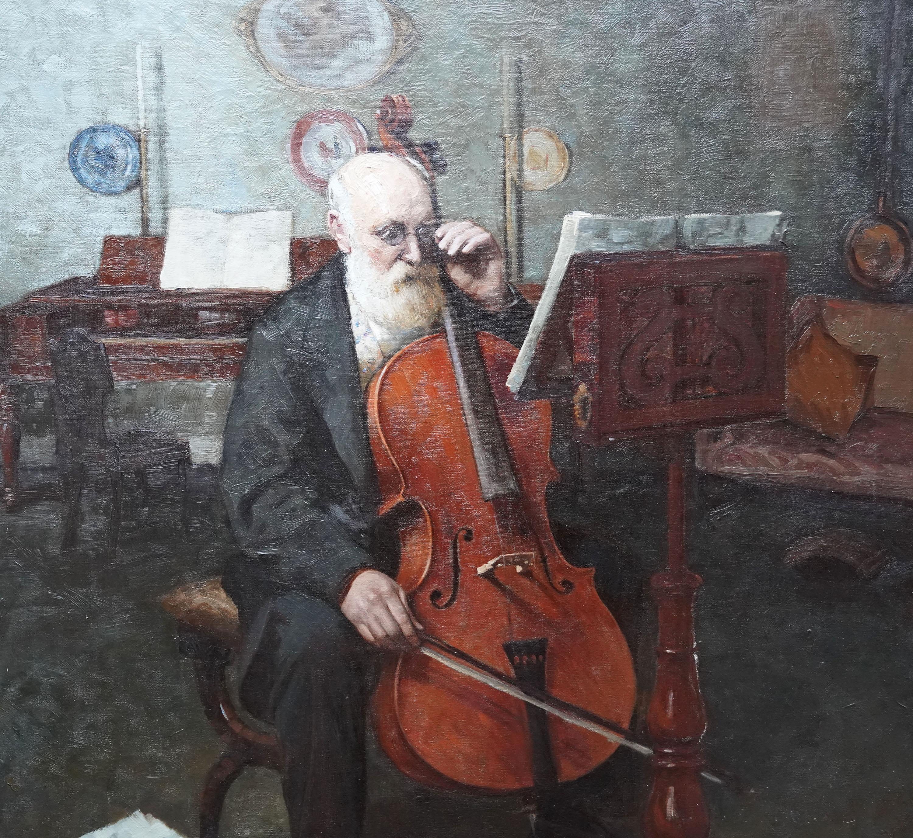 Portrait of a Cellist - British 1925 Musical art oil painting Wandering Minstrel - Realist Painting by Carey Morris