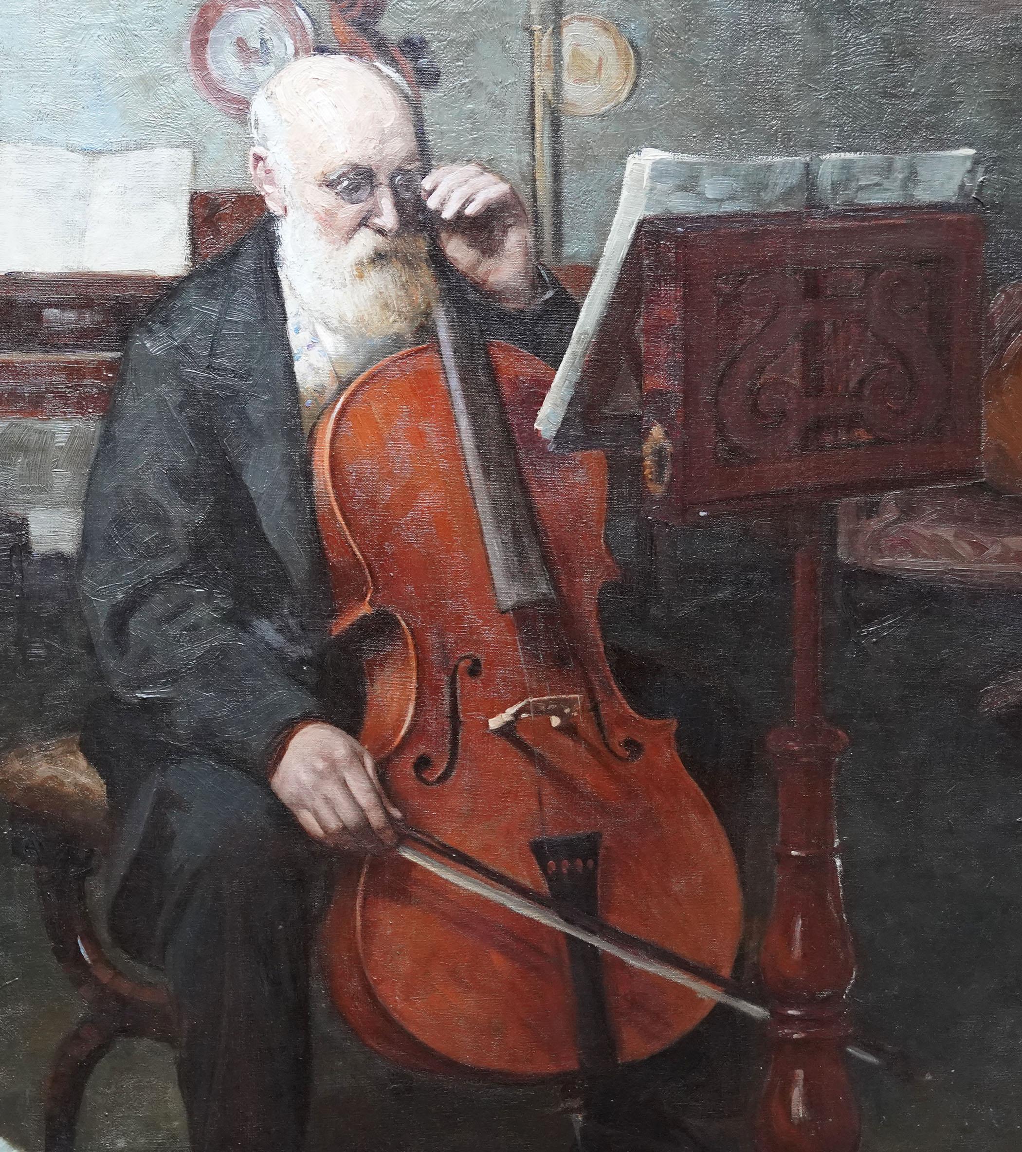 Portrait of a Cellist - British 1925 Musical art oil painting Wandering Minstrel - Gray Interior Painting by Carey Morris