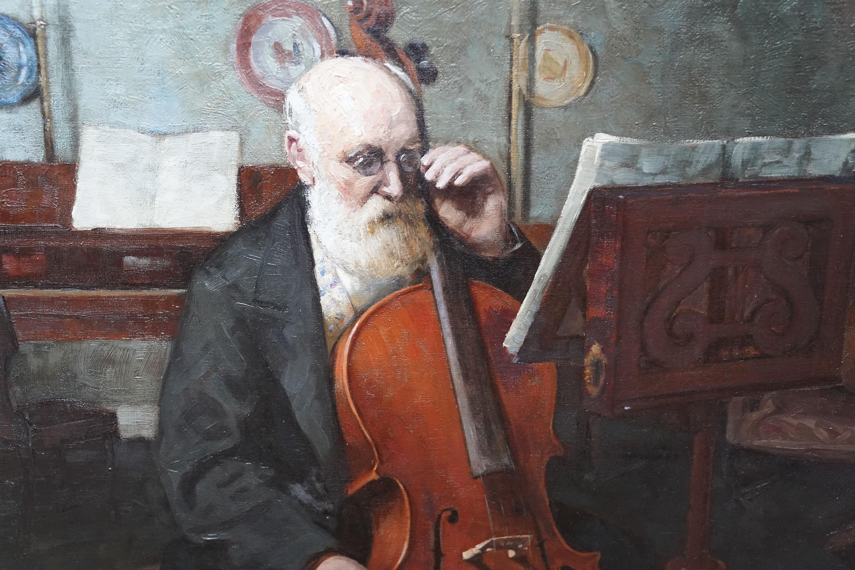 This superb British musical portrait oil painting is by noted Welsh artist Carey Morris. Painted circa 1925, it is a seated portrait of a white haired gentleman with a large beard, playing a cello in a drawing room and may be based on Lord Gerald