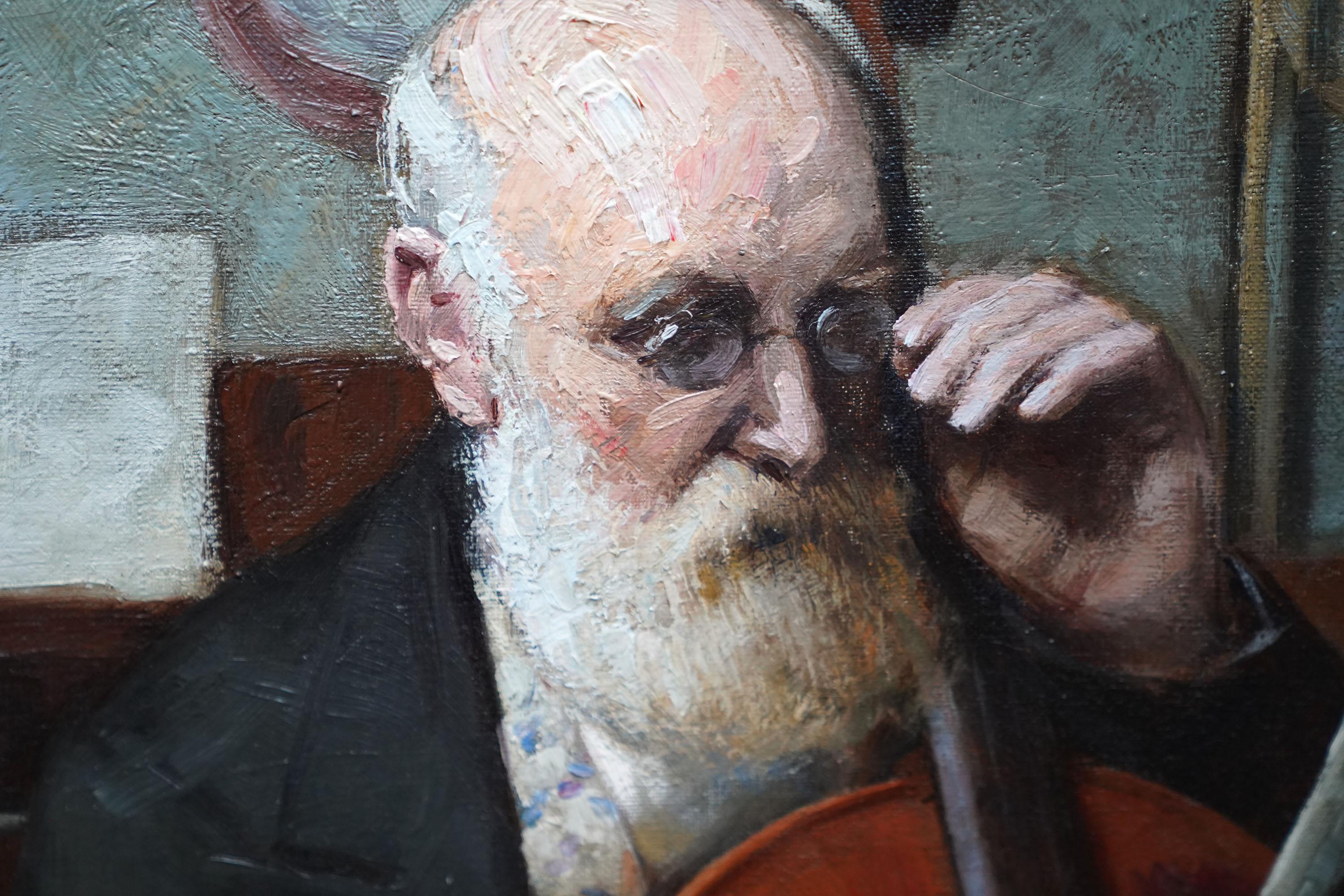 Portrait of a Cellist - British 1925 Musical art oil painting Wandering Minstrel For Sale 1