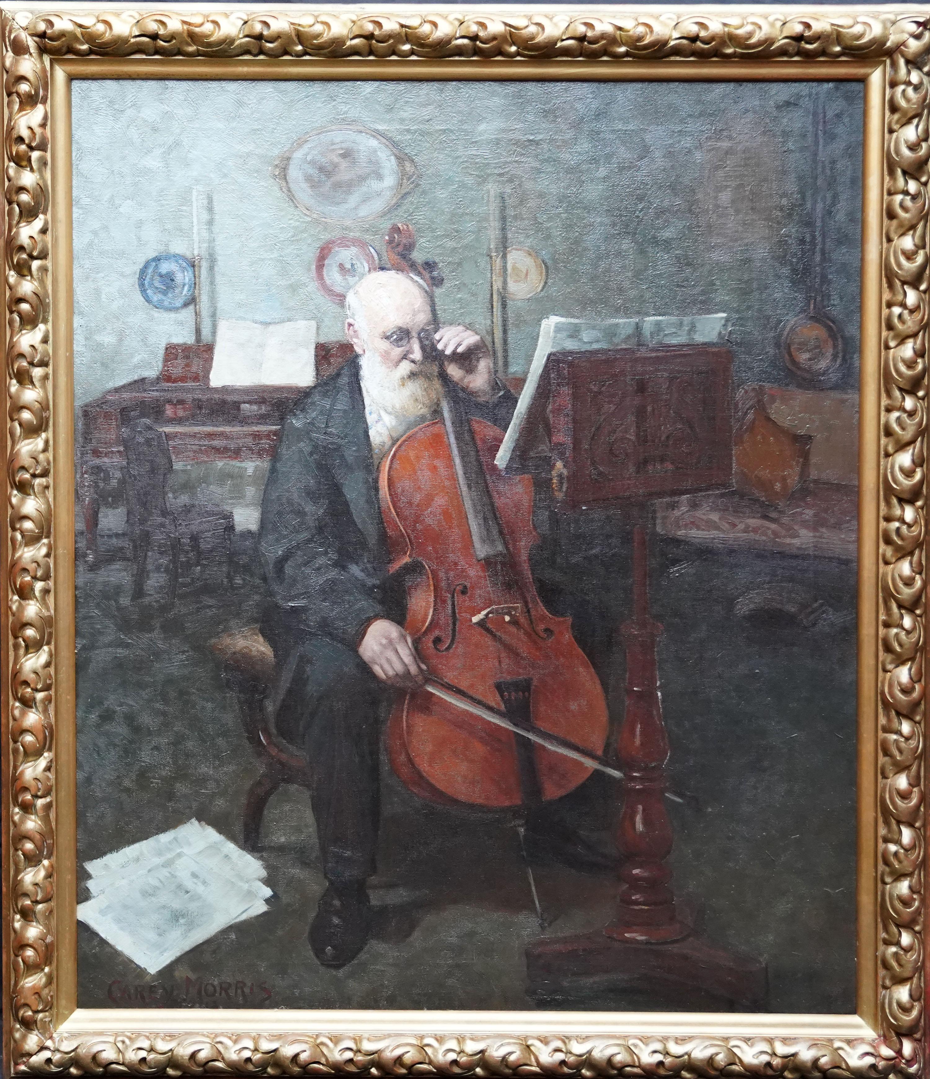 Carey Morris Interior Painting - Portrait of a Cellist - British 1925 Musical art oil painting Wandering Minstrel
