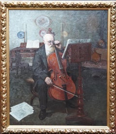 Antique Portrait of a Cellist - British 1925 Musical art oil painting Wandering Minstrel