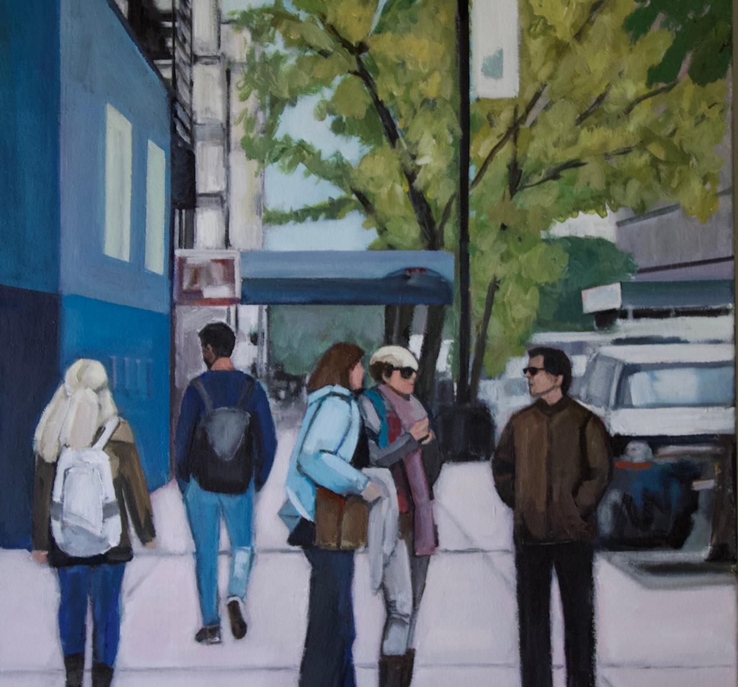 Stadtgespräch, Originalgemälde (Grau), Figurative Painting, von Carey Parks