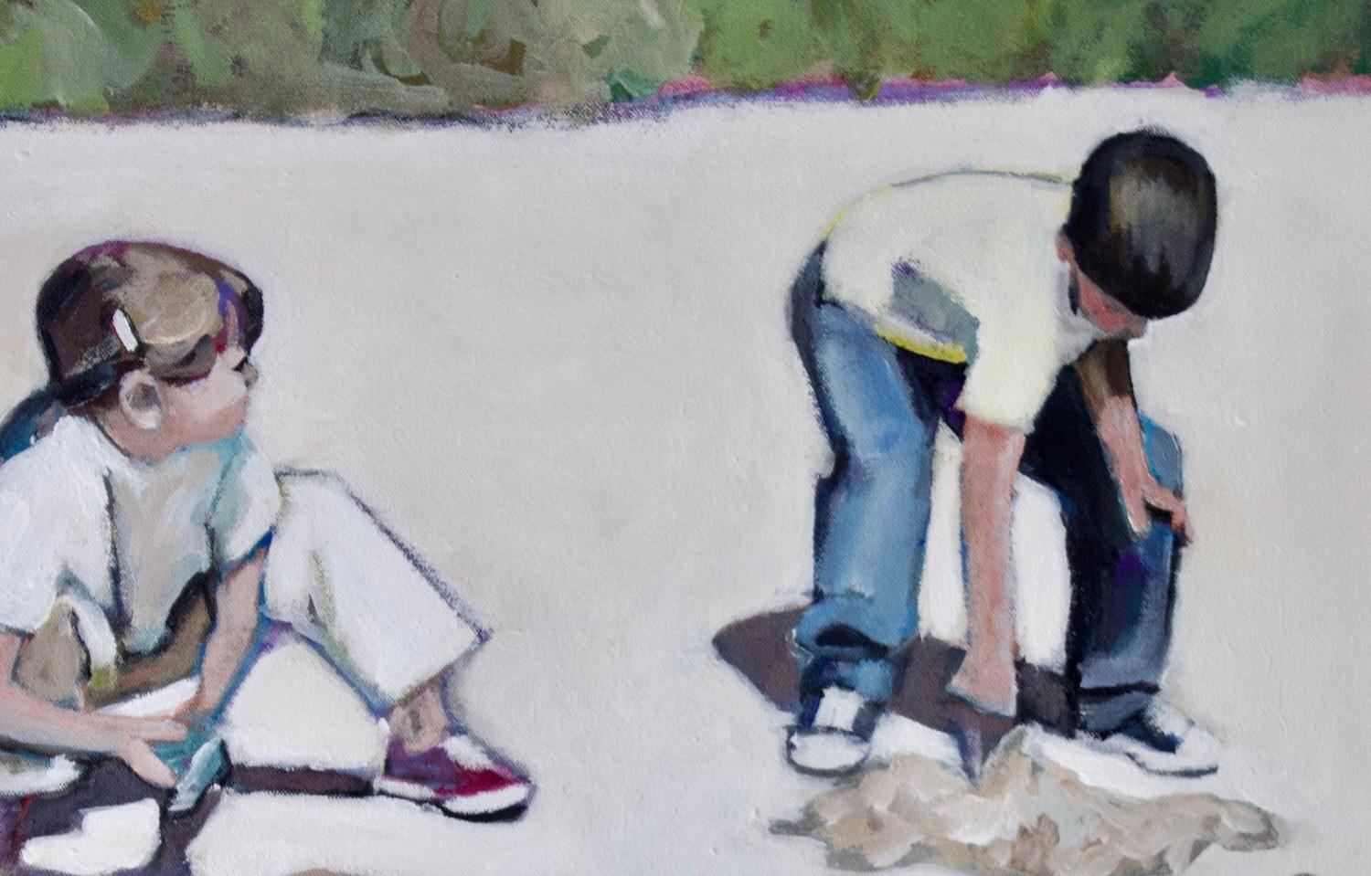 Erkundung am Strand, Originalgemälde (Grau), Figurative Painting, von Carey Parks