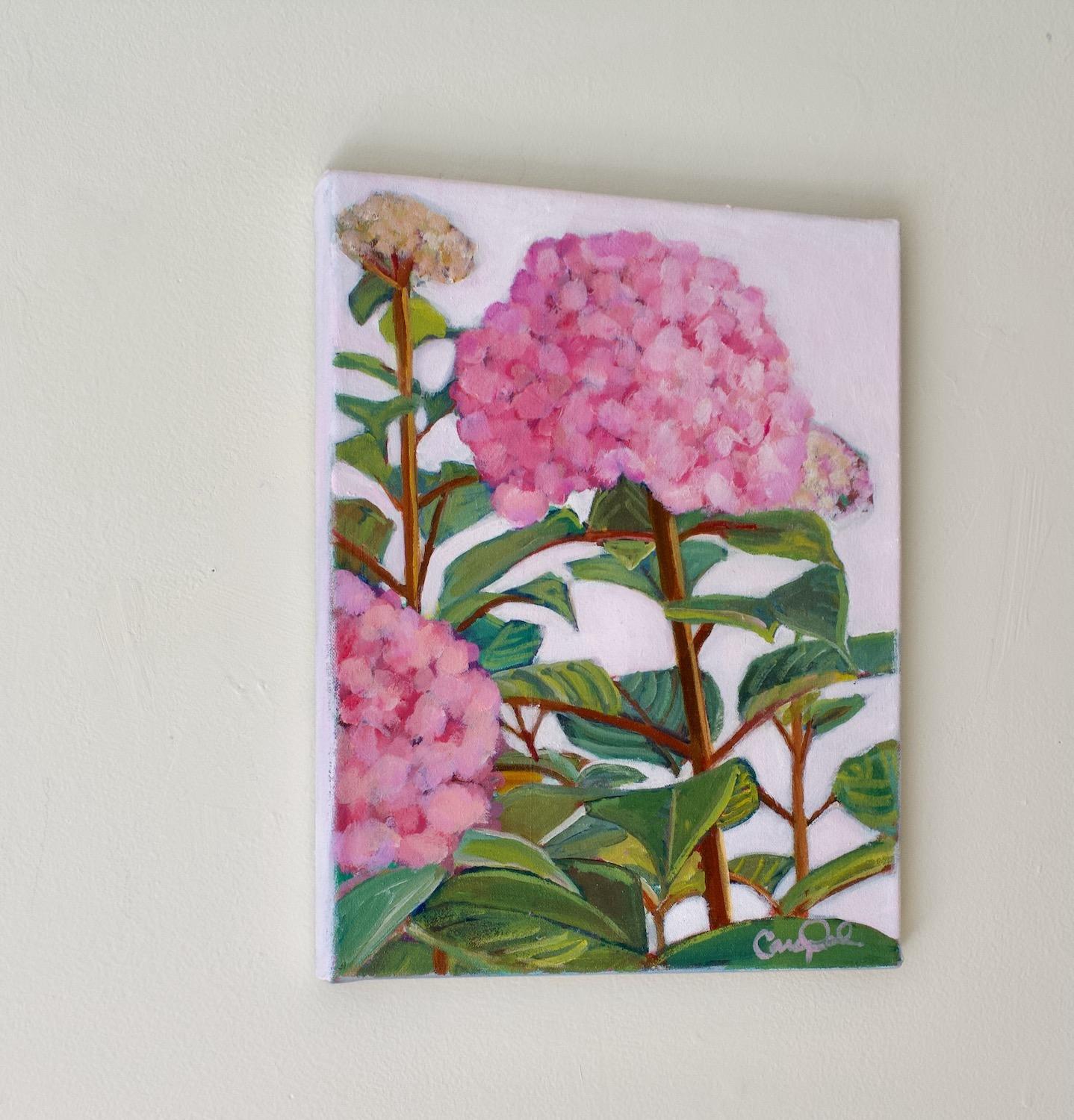 <p>Artist Comments<br>Artist Carey Parks depicts a blooming hydrangea plant. The soft background brings out the delicate pink petals and vibrant green leaves. Carey selects the flowers from her yard and paints them lovingly in her