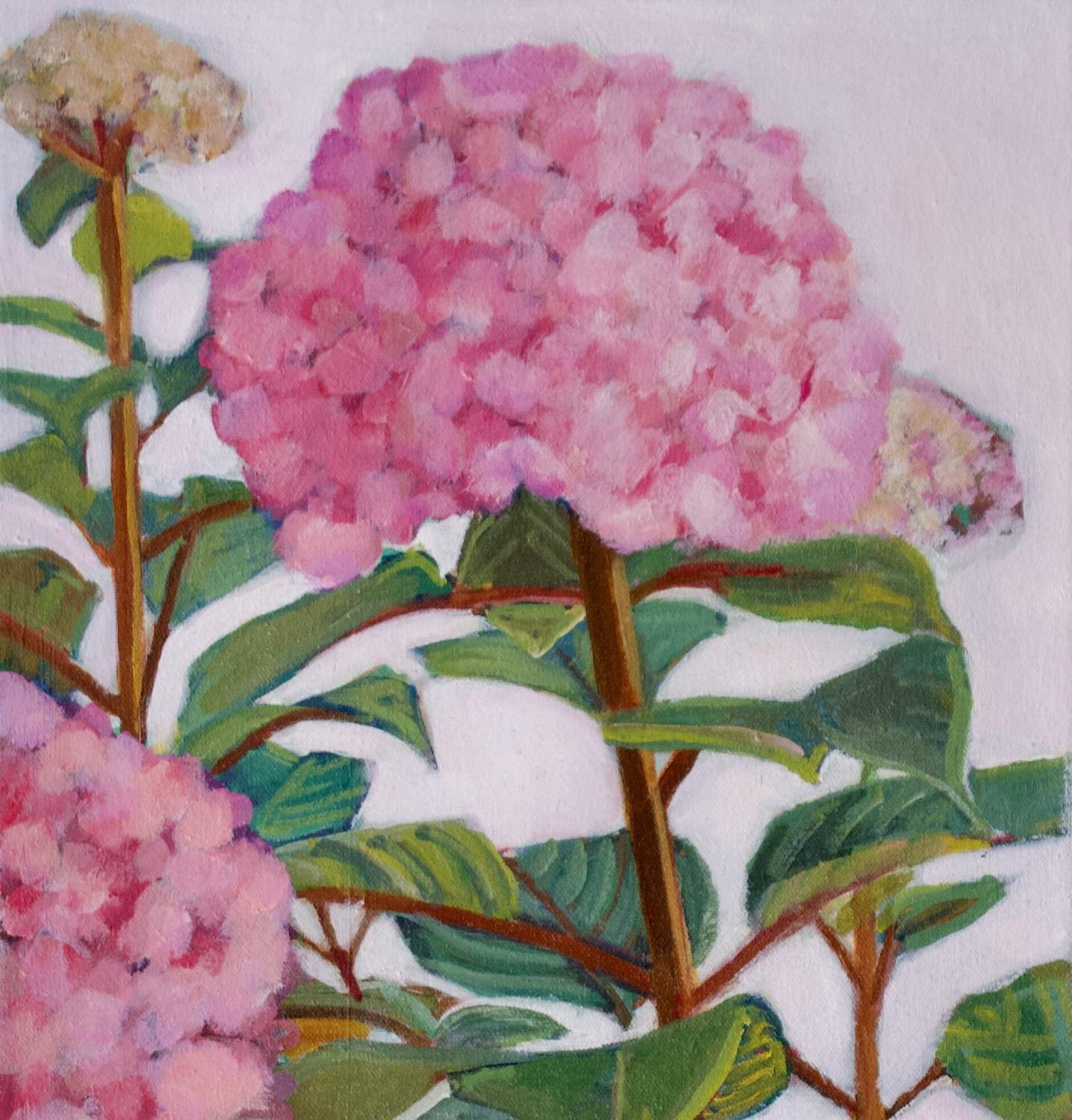 <p>Kommentare des Künstlers<br>Der Künstler Carey Parks stellt eine blühende Hortensie dar. Der weiche Hintergrund hebt die zartrosa Blütenblätter und die leuchtend grünen Blätter hervor. Carey wählt die Blumen in ihrem Garten aus und malt sie