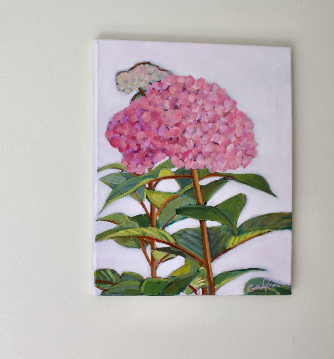 <p>Artist Comments<br>Artist Carey Parks portrays blooming hydrangeas from her garden. Set against a soft lilac background, the cluster of petals burst with rich pigments of magentas and pinks while the leaves shimmer with vibrant greens. The