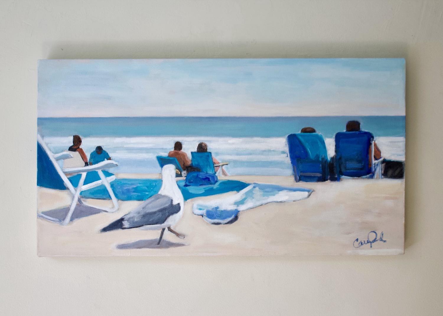 <p>Artist Comments<br>Artist Carey Parks paints a tranquil yet comical scene at a beach. Sunbathers indulge in the magnificent view of the serene ocean, oblivious to a cunning seagull on a covert culinary mission. Various shades of blue dominate