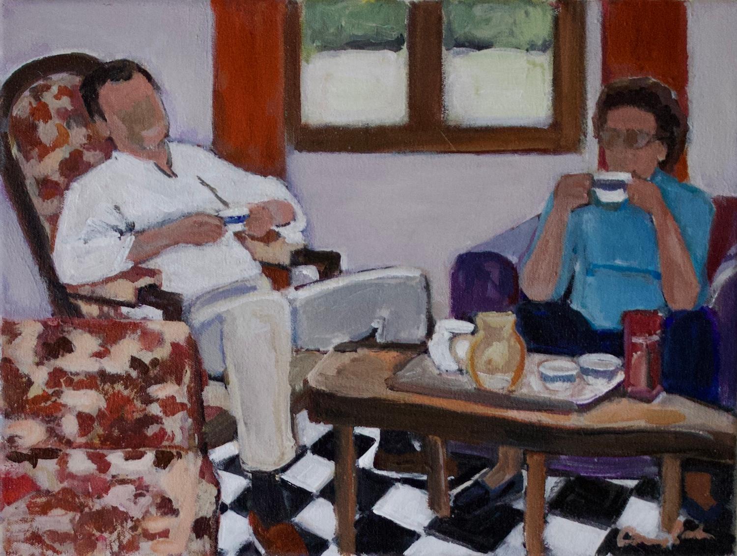 <p>Comentarios del artista<br />Inspirado en las fotos de Carey Park de sus visitas a Francia, este cuadro capta a dos personas saboreando un té en una habitación iluminada por el sol. Cómodamente sentados, parecen absortos en la conversación. El