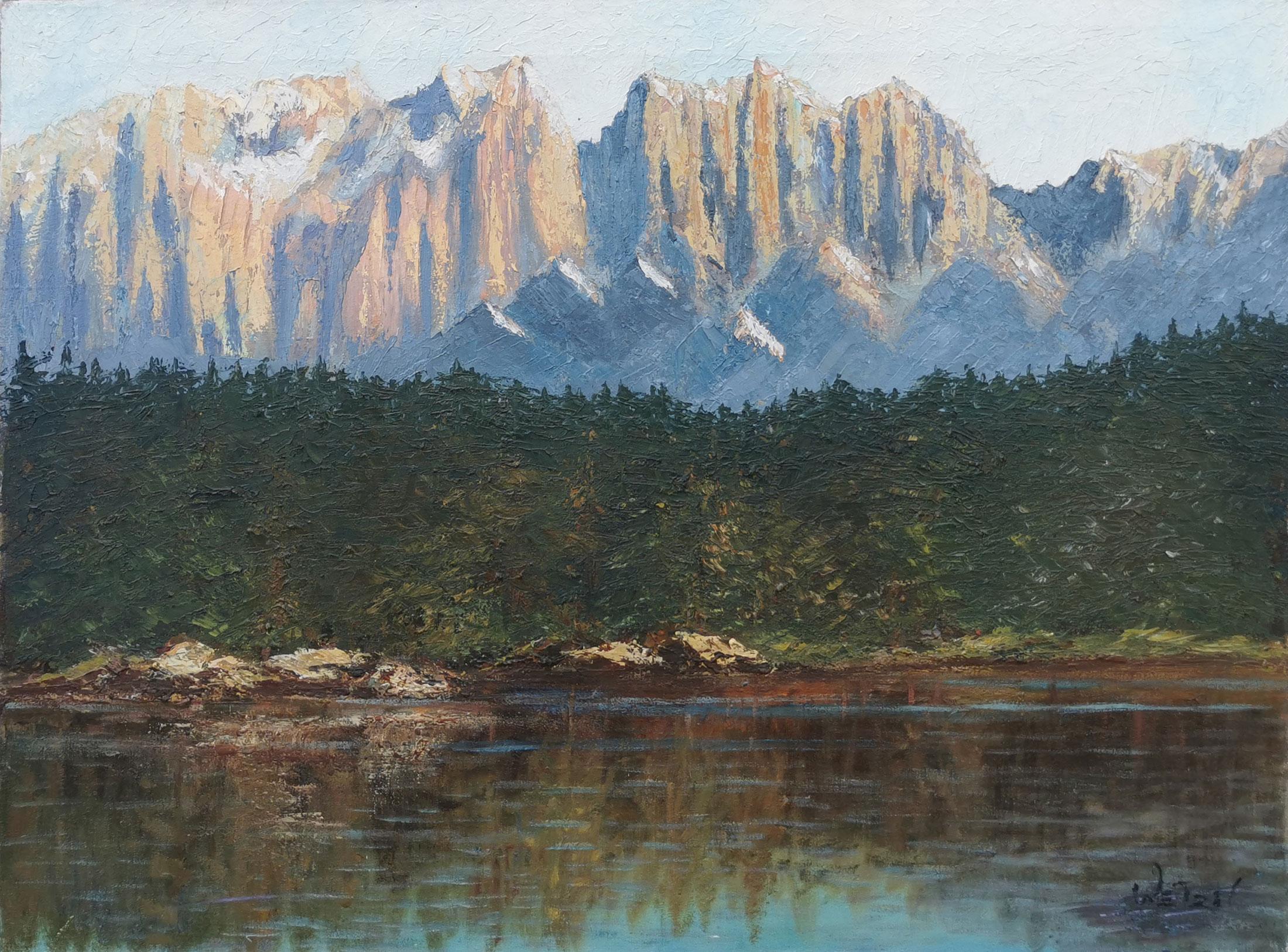 Carezza Lake in the Dolomites, Italian Oil on Canvas, Around 1905  5