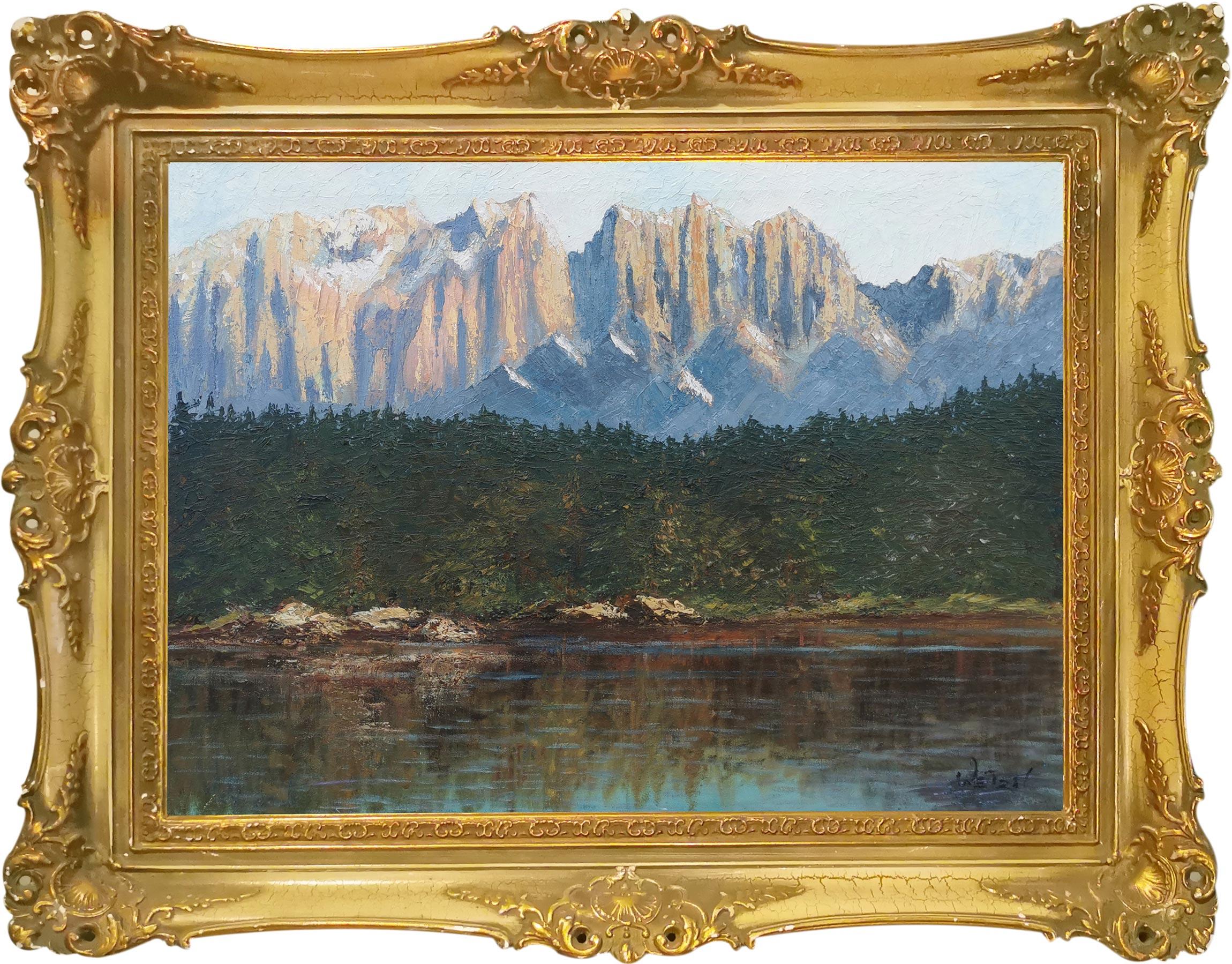 Art déco Huile sur toile italienne du lac de Carezza dans les Dolomites, vers 1905 