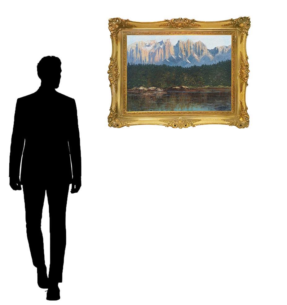 Carezza Lake in the Dolomites, Italian Oil on Canvas, Around 1905  In Good Condition In Albignasego, IT