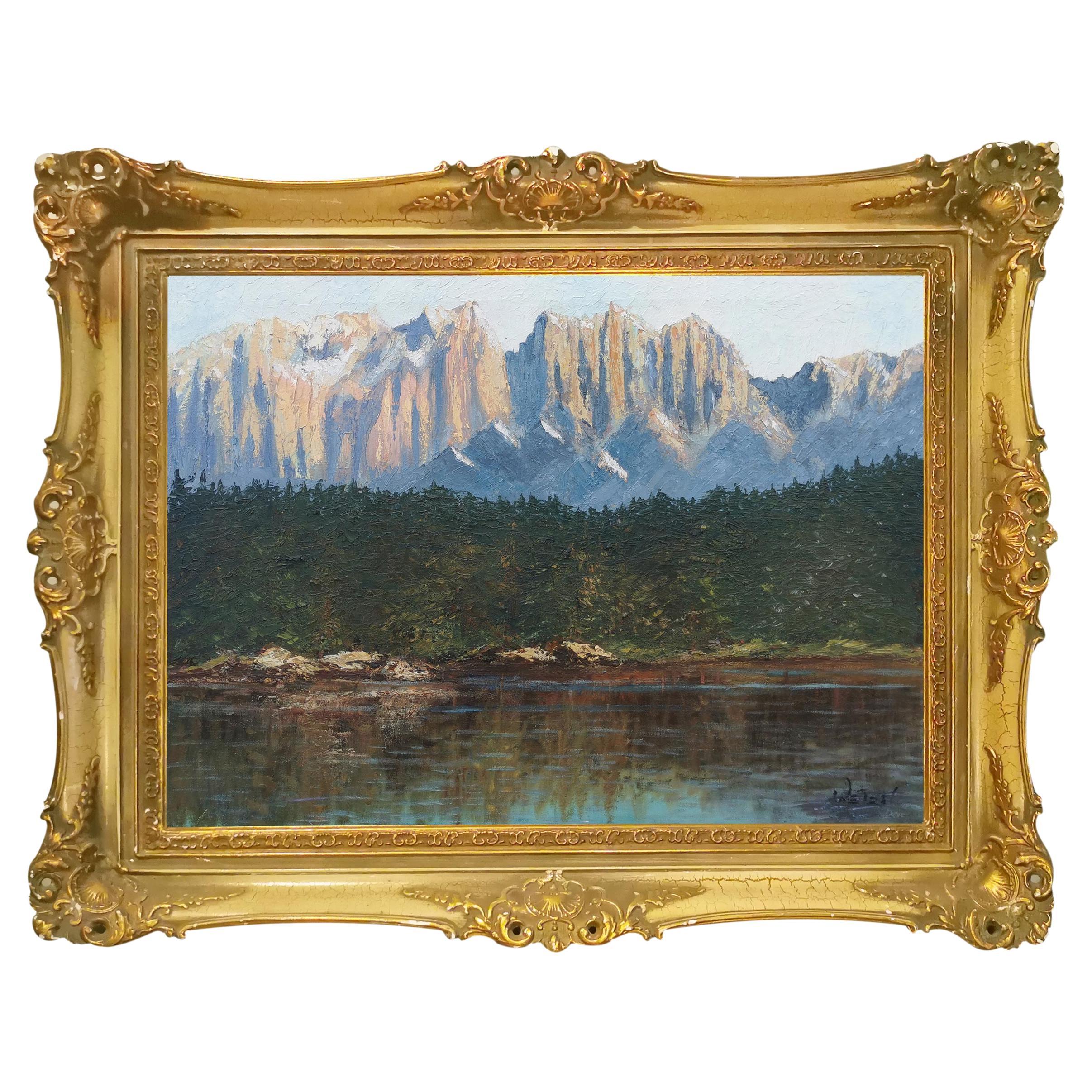 Huile sur toile italienne du lac de Carezza dans les Dolomites, vers 1905 