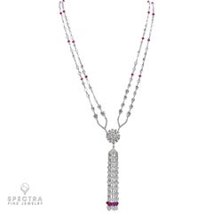 Carezza Ruby Diamond Tassel Necklace in 18k White Gold, 45.72ct